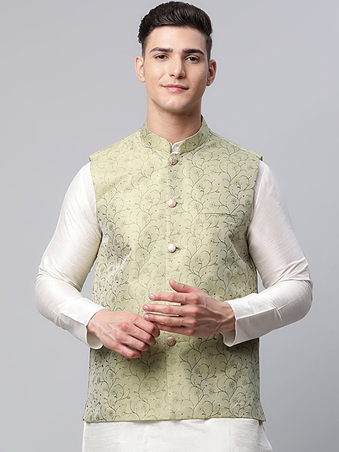 

Jompers Men Green Printed Satin Waistcoat