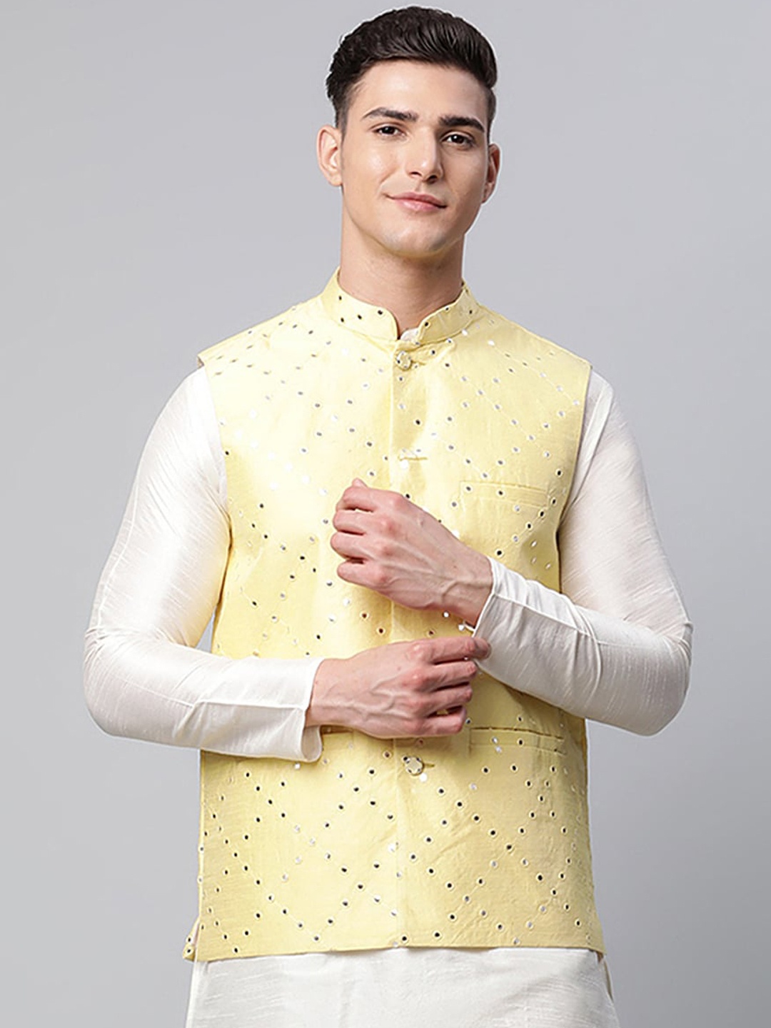 

Jompers Men Yellow Embroidered Mirror Work Waistcoat