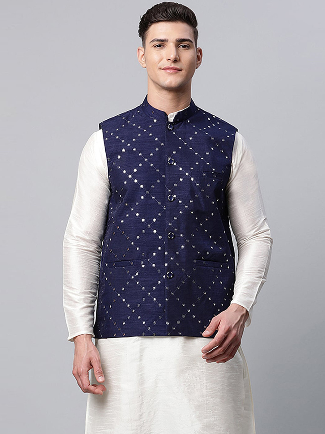 

Jompers Men Navy Blue Embellished Mirror Work Nehru Jacket