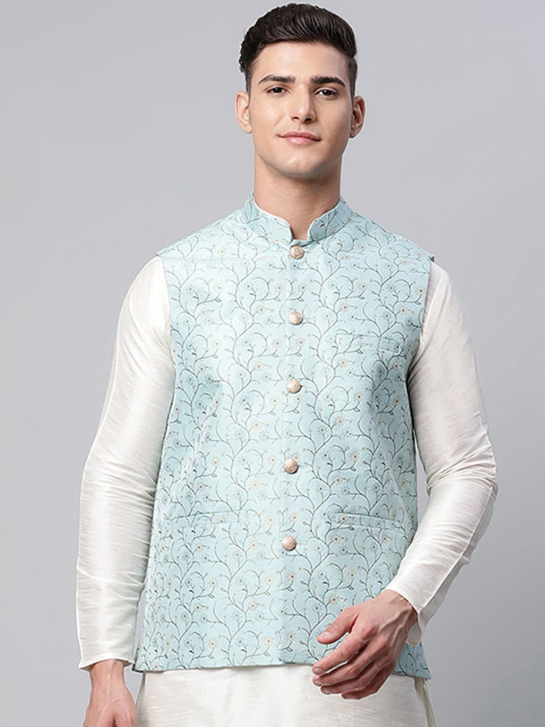 

Jompers Men Blue Floral Woven Design Silk Cotton Nehru Jacket