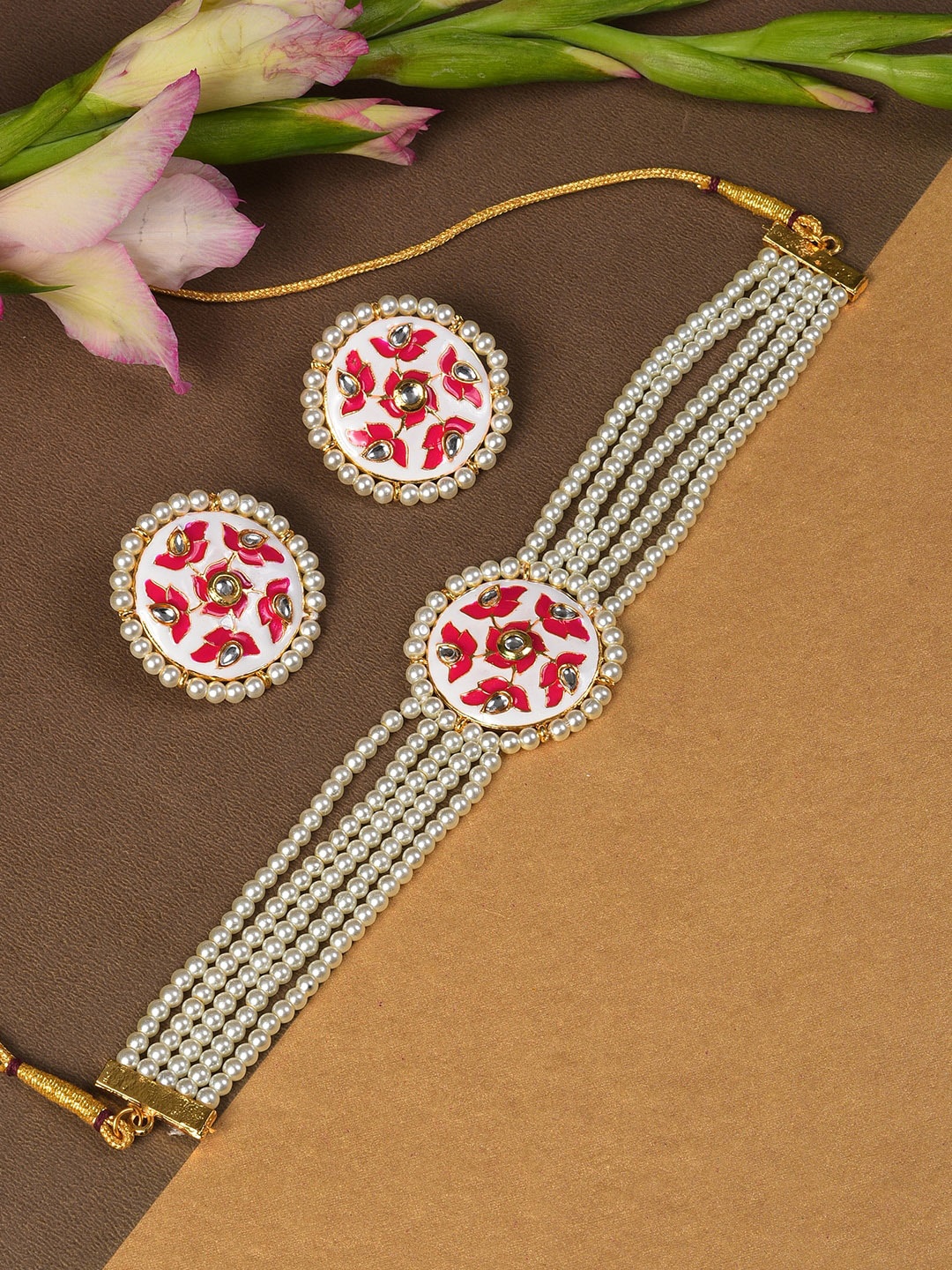

SOHI Women Pink & Gold-Plated & Pearl Studded Choker Set, White