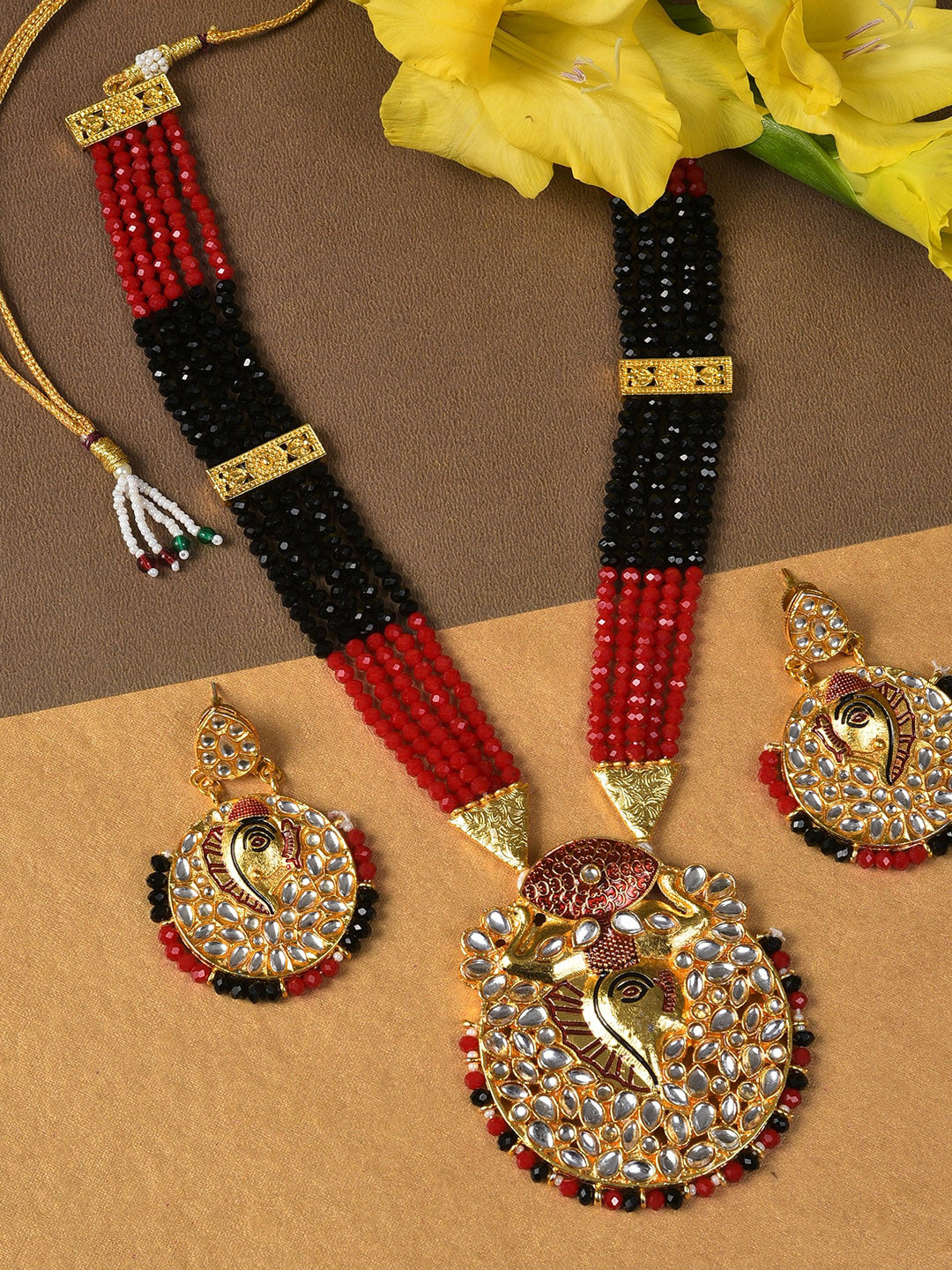 

SOHI Gold-Plated Red & Black Stone-Studded & Beaded Temple Jewellery Set