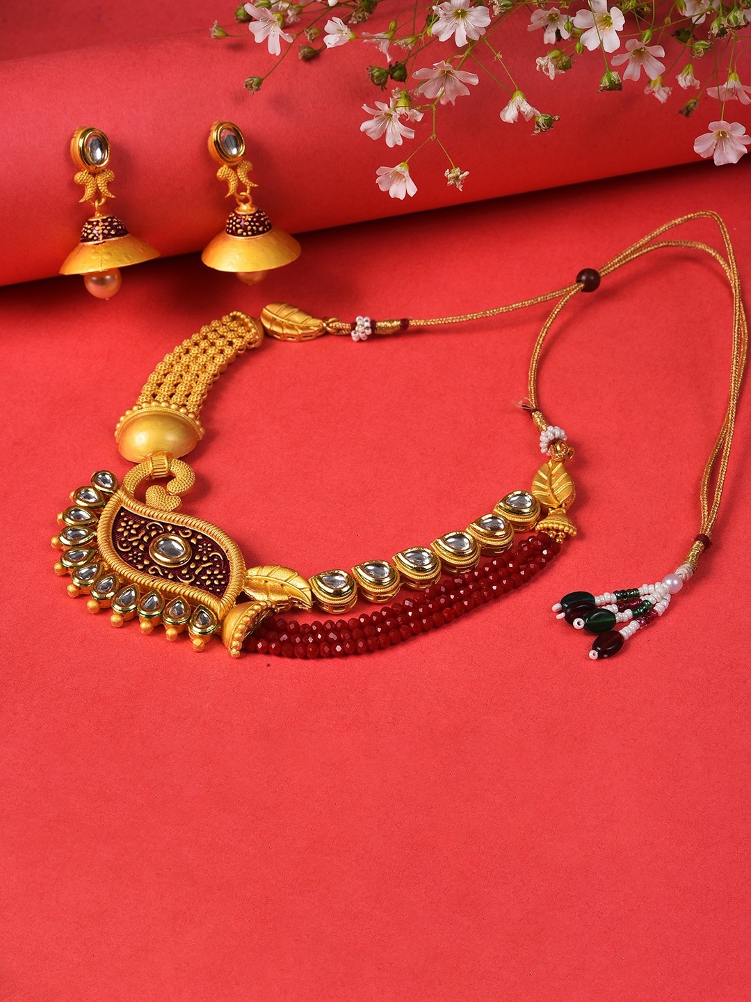 

SOHI Gold-Plated Red Stone-Studded & Pearl Beaded Jewellery Set