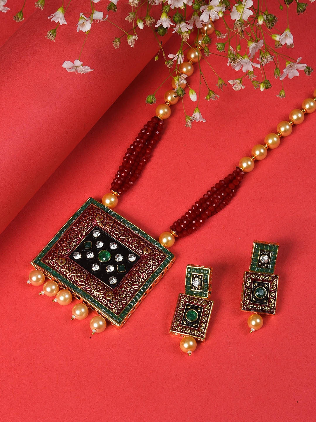 

SOHI Gold-Plated Red & Green Stone-Studded & Pearl Beaded Jewellery Set