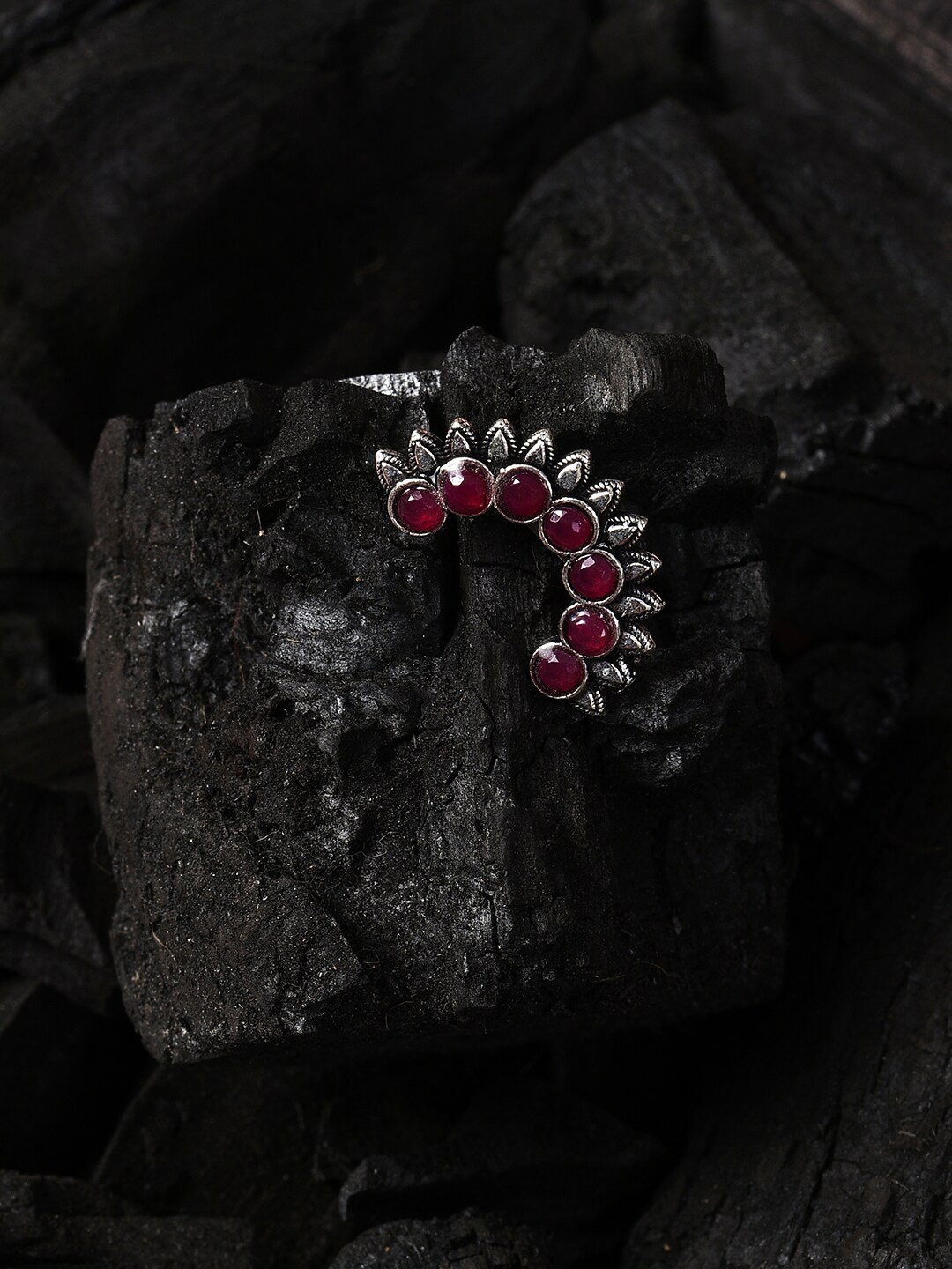 

SOHI Silver-Plated & Maroon CZ Studded Half Moon Nosepin