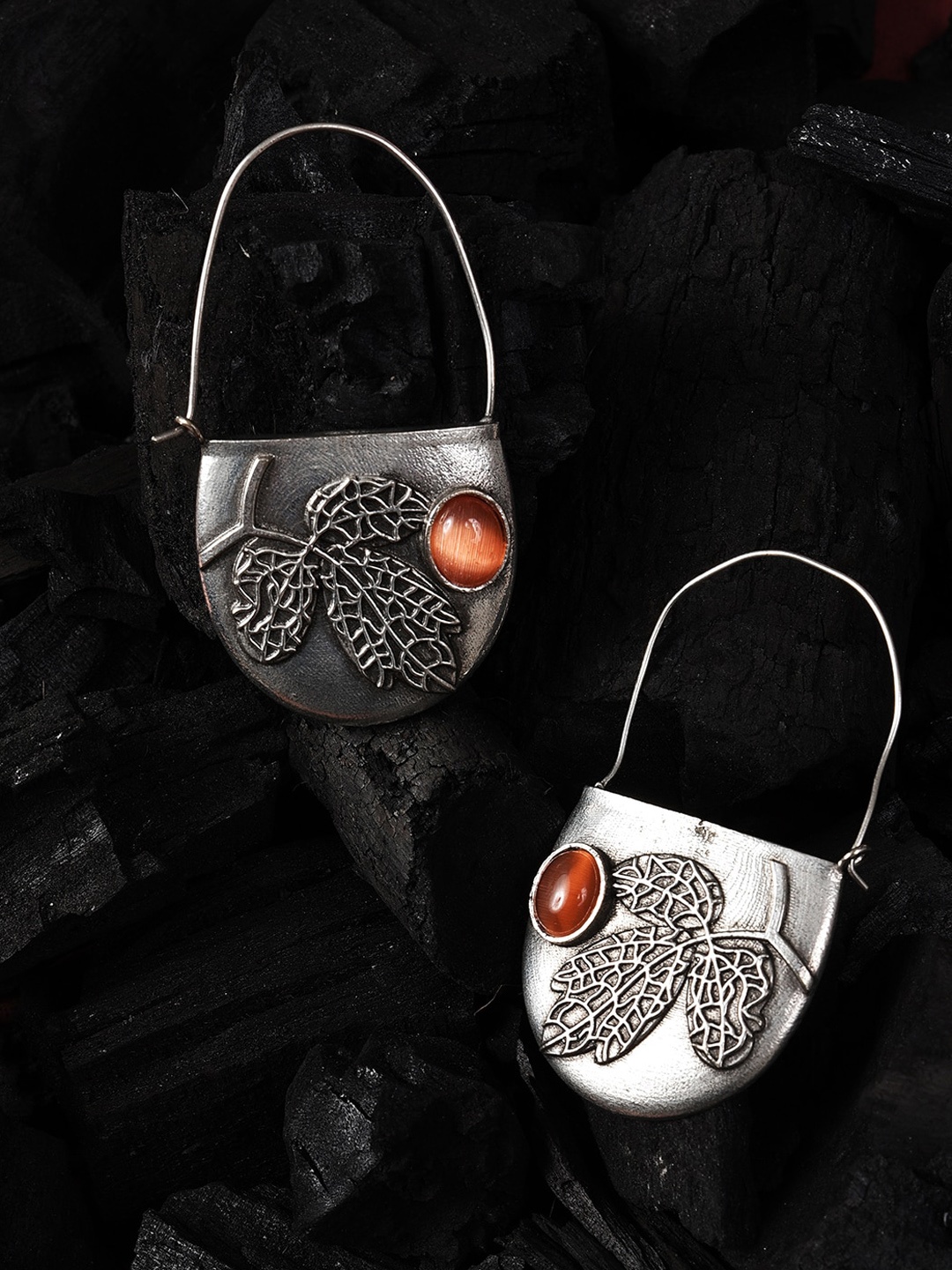 

SOHI Silver-Plated Contemporary Oxidised Hoop Earrings