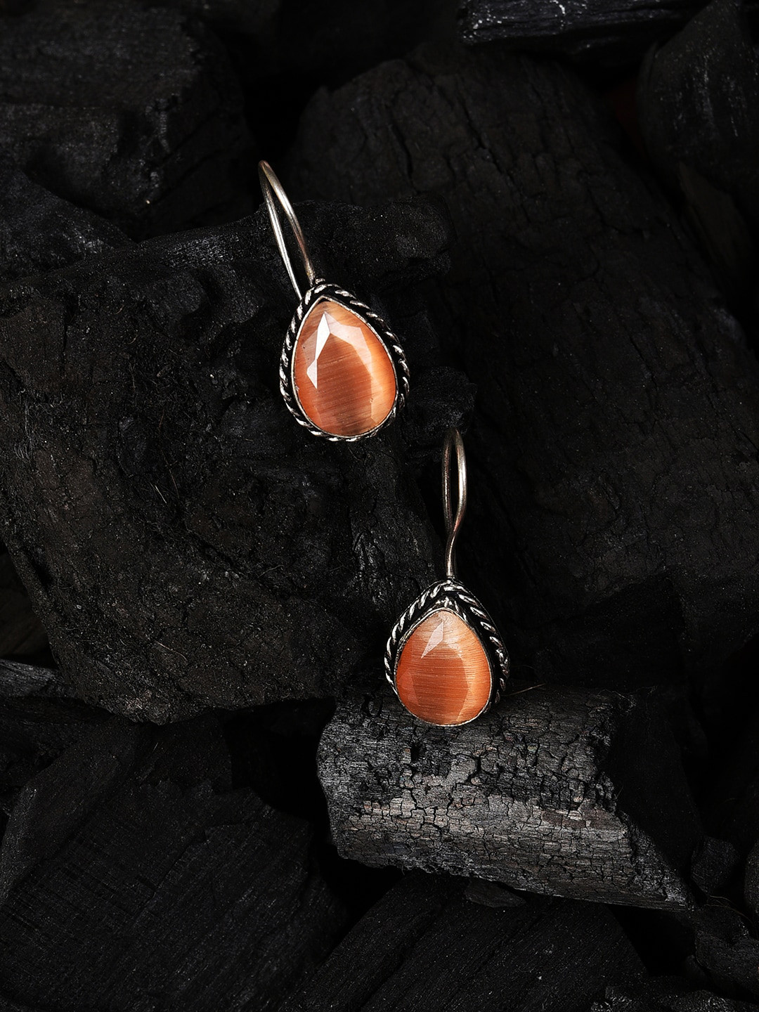 

SOHI Orange & Silver-Plated Teardrop Shaped Drop Earrings