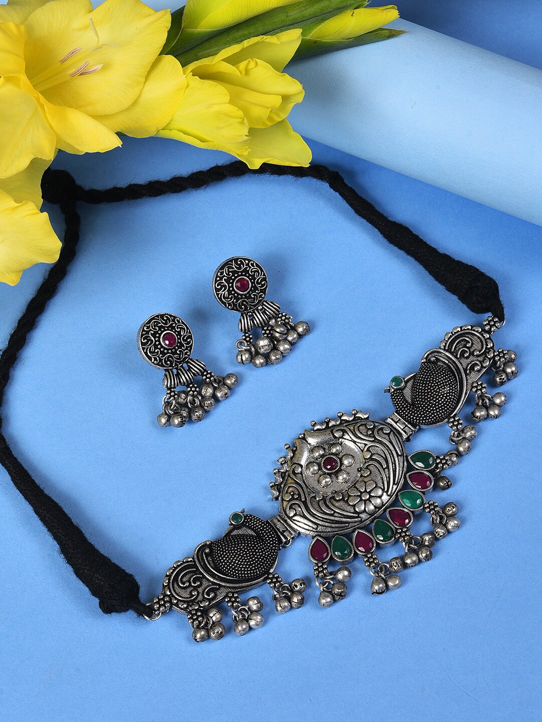 

SOHI Silver-Plated Red & Green Stone Studded Oxidised Jewellery Set