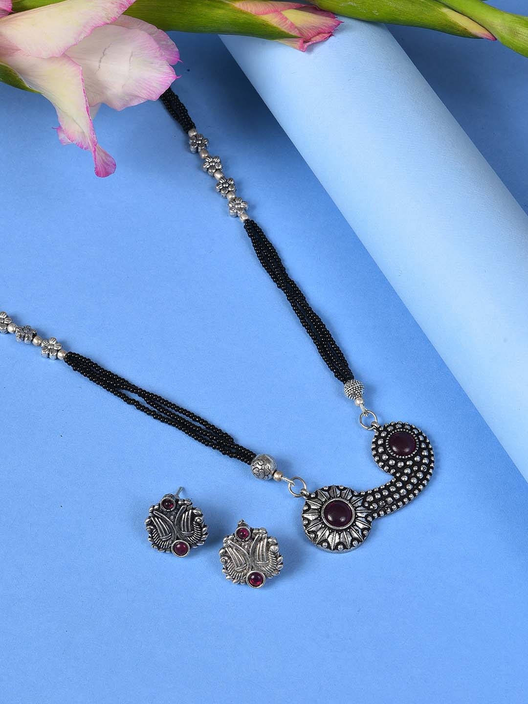 

SOHI Oxidised Silver-Plated Pink Stone Studded Boho Necklace Set