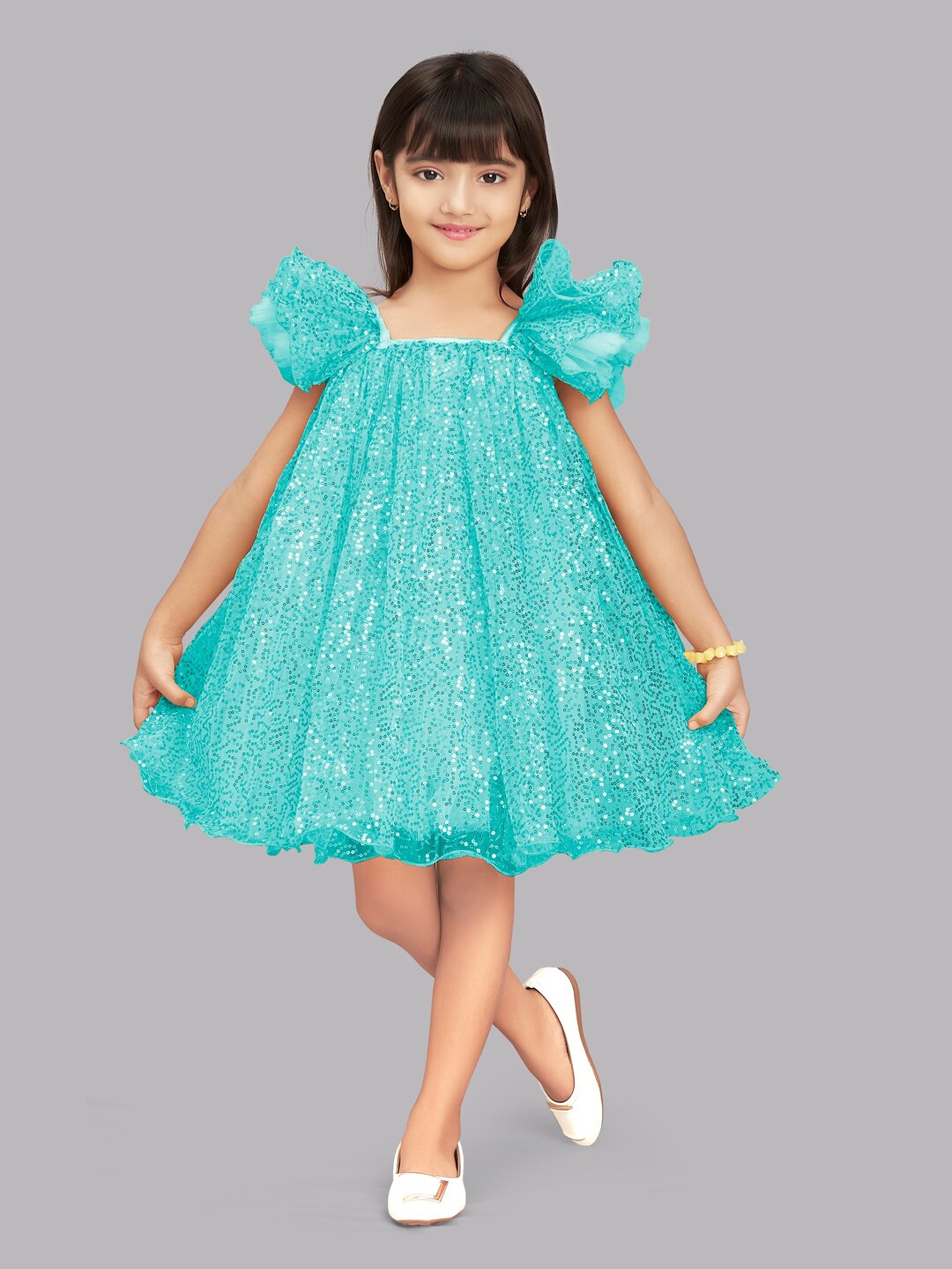 

Pink Chick Sea Green Embellished Sequined Net A-Line Dress