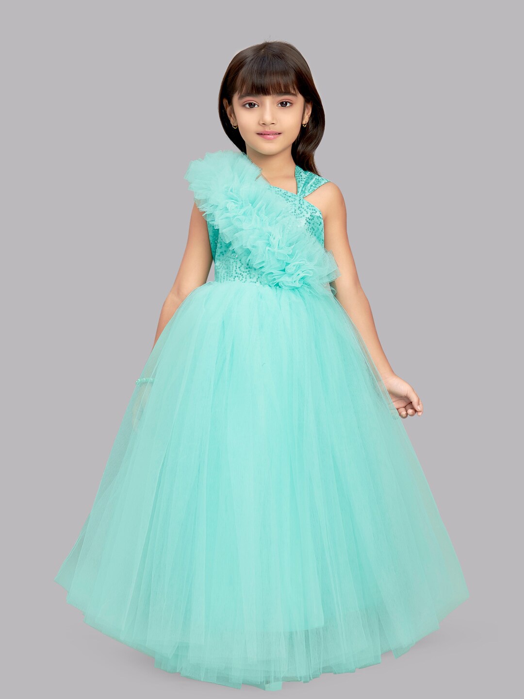 

Pink Chick Girls Sea Green Embellished Net Maxi Fit & Flare Dress
