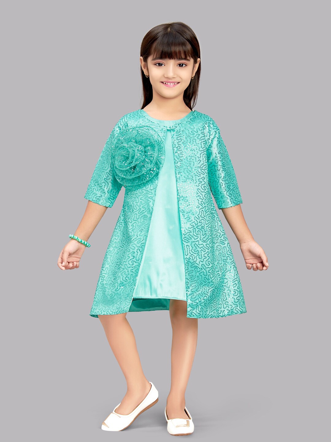 

Pink Chick Girls Sea Green Floral Embellished A-Line Dress