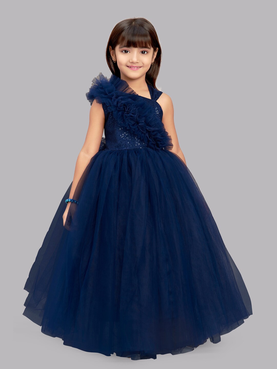 

Pink Chick Girls Navy Blue Sequinned Ruffled Net Maxi Dress