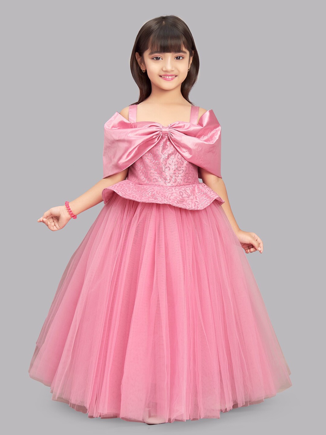 

Pink Chick Girls Pink Offshoulder Sequins Bow Tulle Gown Dress