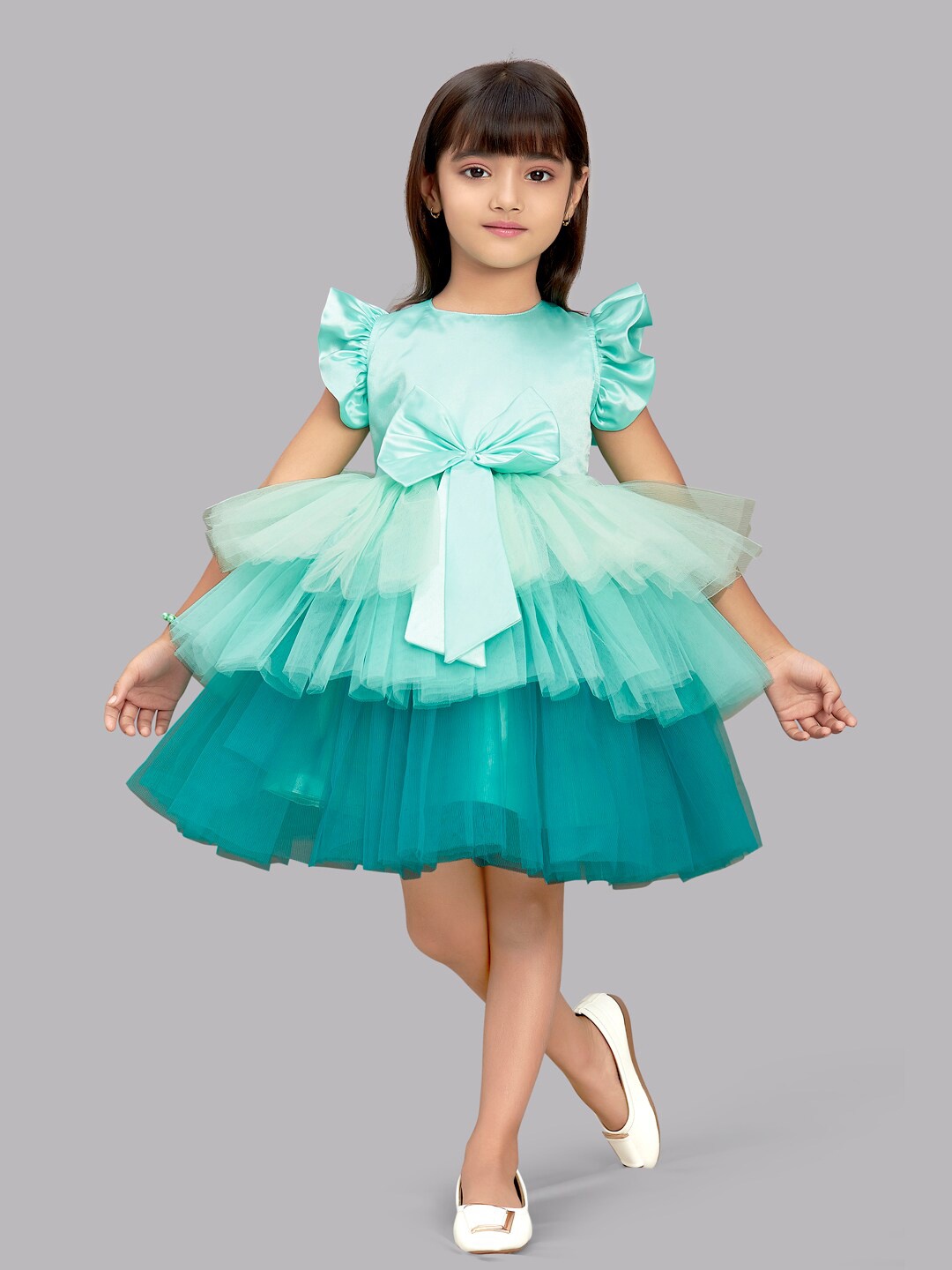 

Pink Chick Girls Sea Green Colourblocked Layered Satin Fit & Flare Dress with Bow & Tie-Up