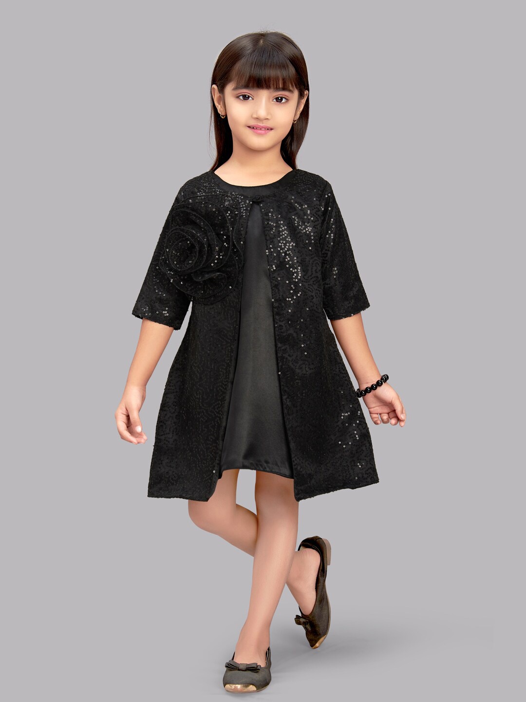 

Pink Chick Girls Black Sequins Embellished Net A-Line Dress