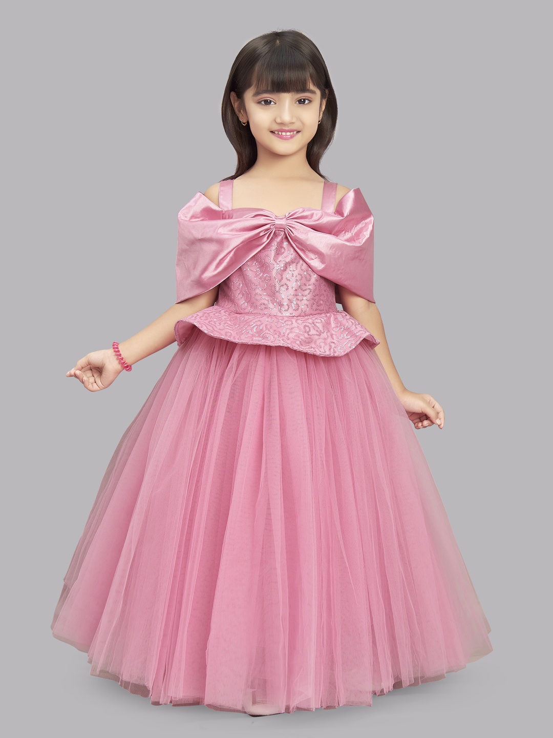 

Pink Chick Girls Pink Sequined Cold-Shoulder Sleeves Gown Dress