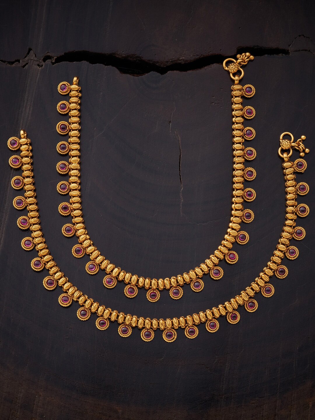 

Kushal's Fashion Jewellery Set Of 2 Gold-Plated Pink Stones-Studded Anklets