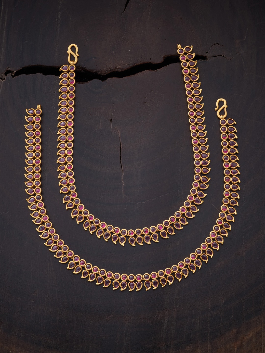 

Kushal's Fashion Jewellery Set Of 2 Gold-Plated Red Stone Studded Anklets
