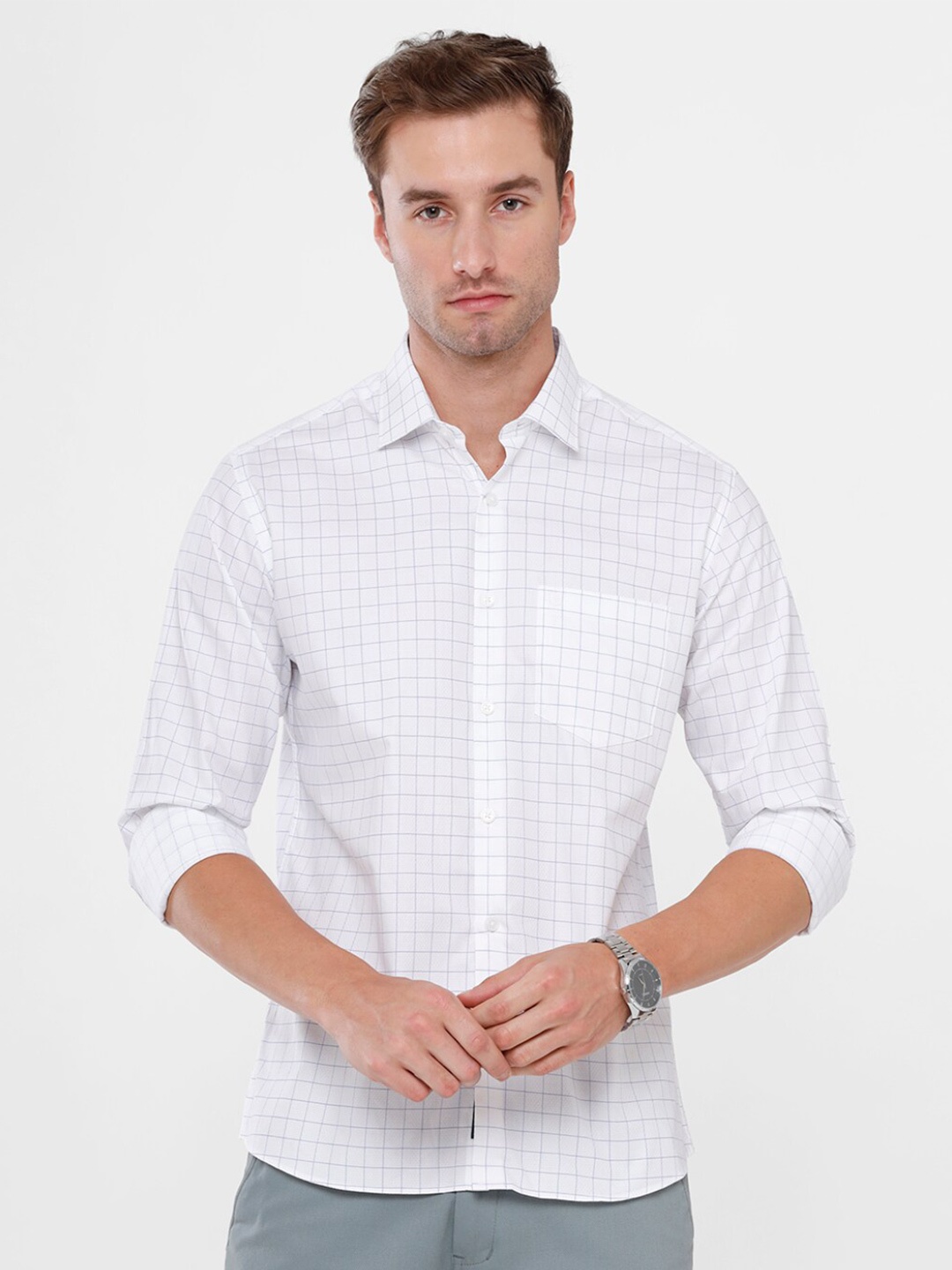 

Linen Club Men Blue Grid Tattersall Checks Checked Sustainable Casual Shirt