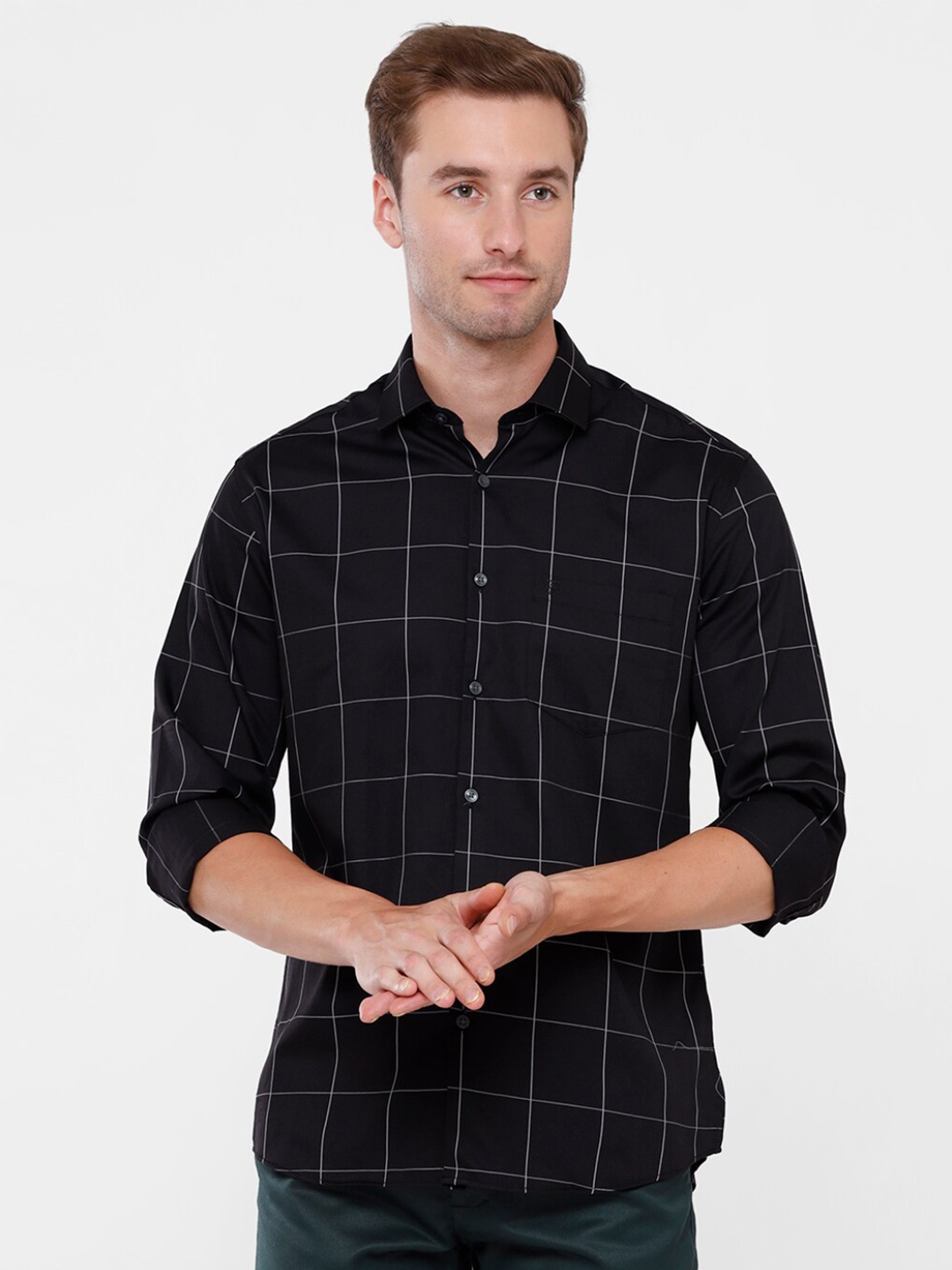 

Linen Club Black Windowpane Checks Casual Shirt