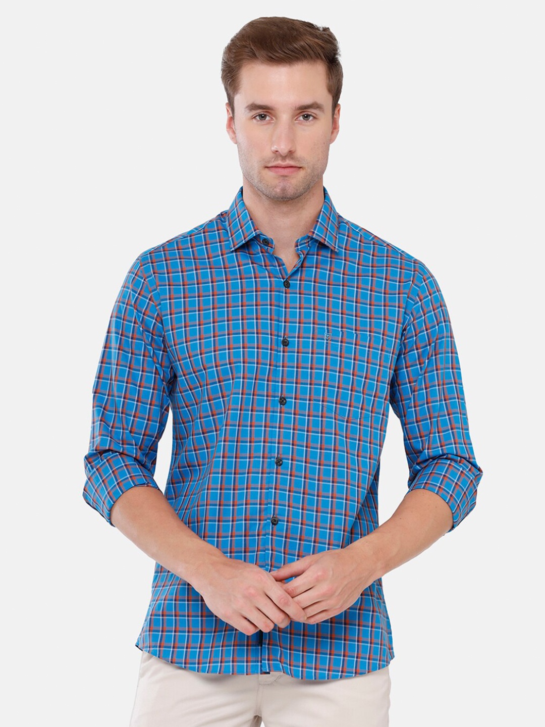 

Linen Club Men Blue Checked Cotton Casual Shirt