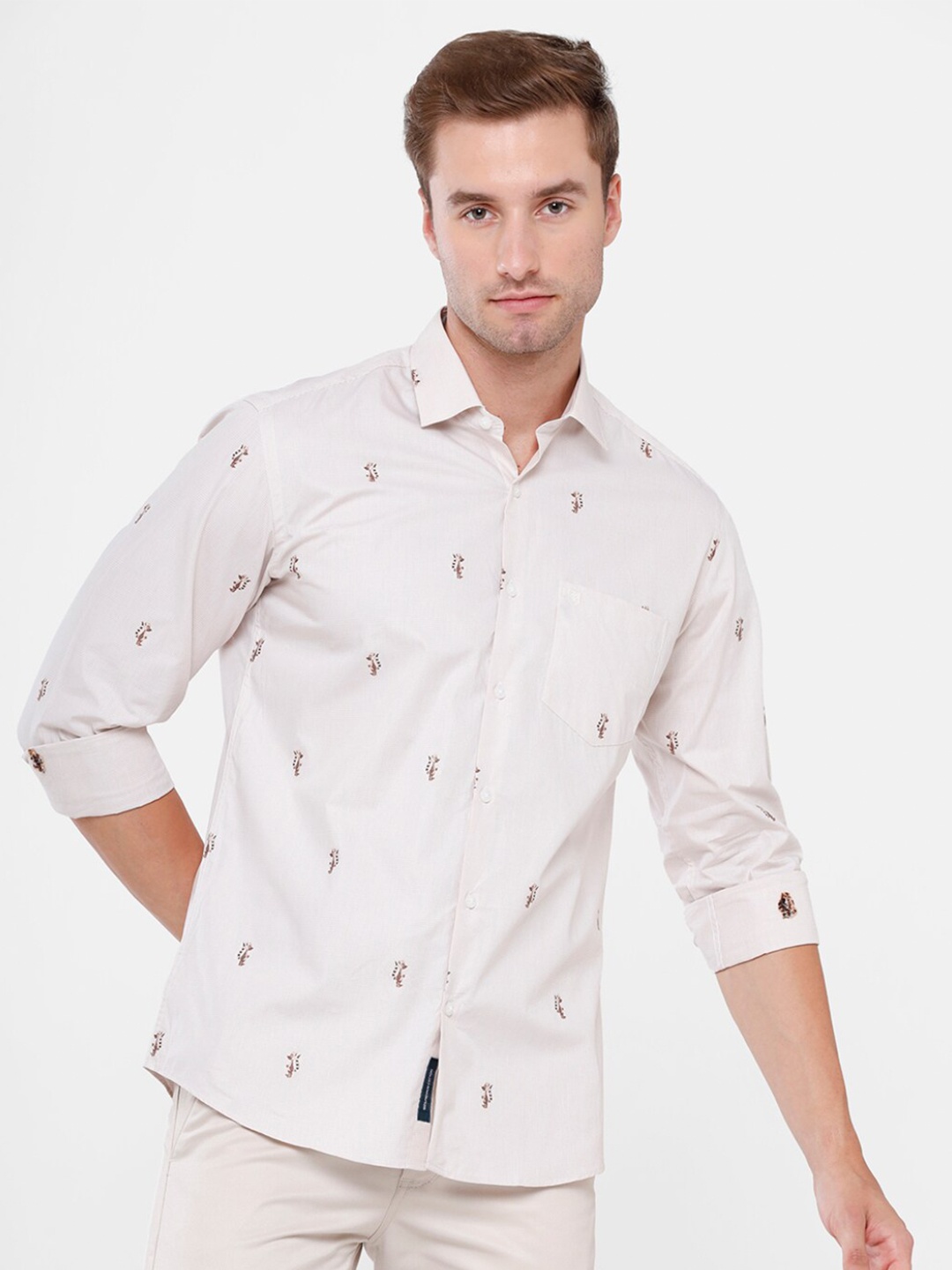 

Linen Club Men Peach-Coloured Printed Pure Cotton Casual Shirt