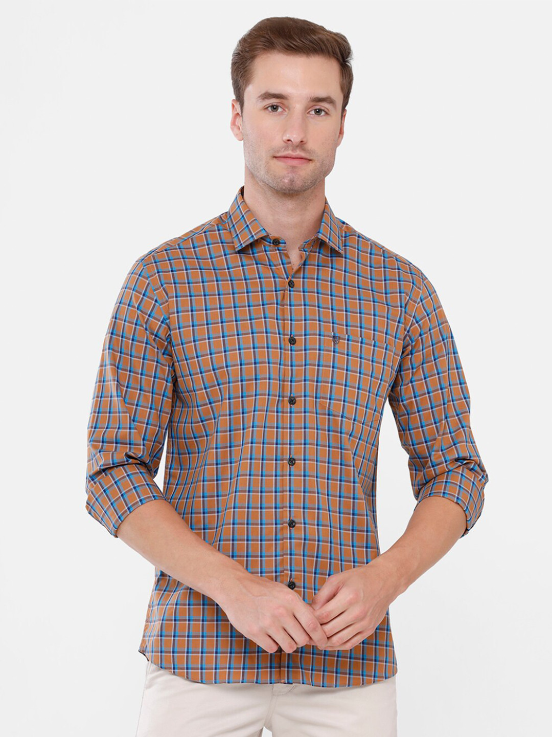 

Linen Club Men Orange Checked Regular Fit Cotton Casual Shirt