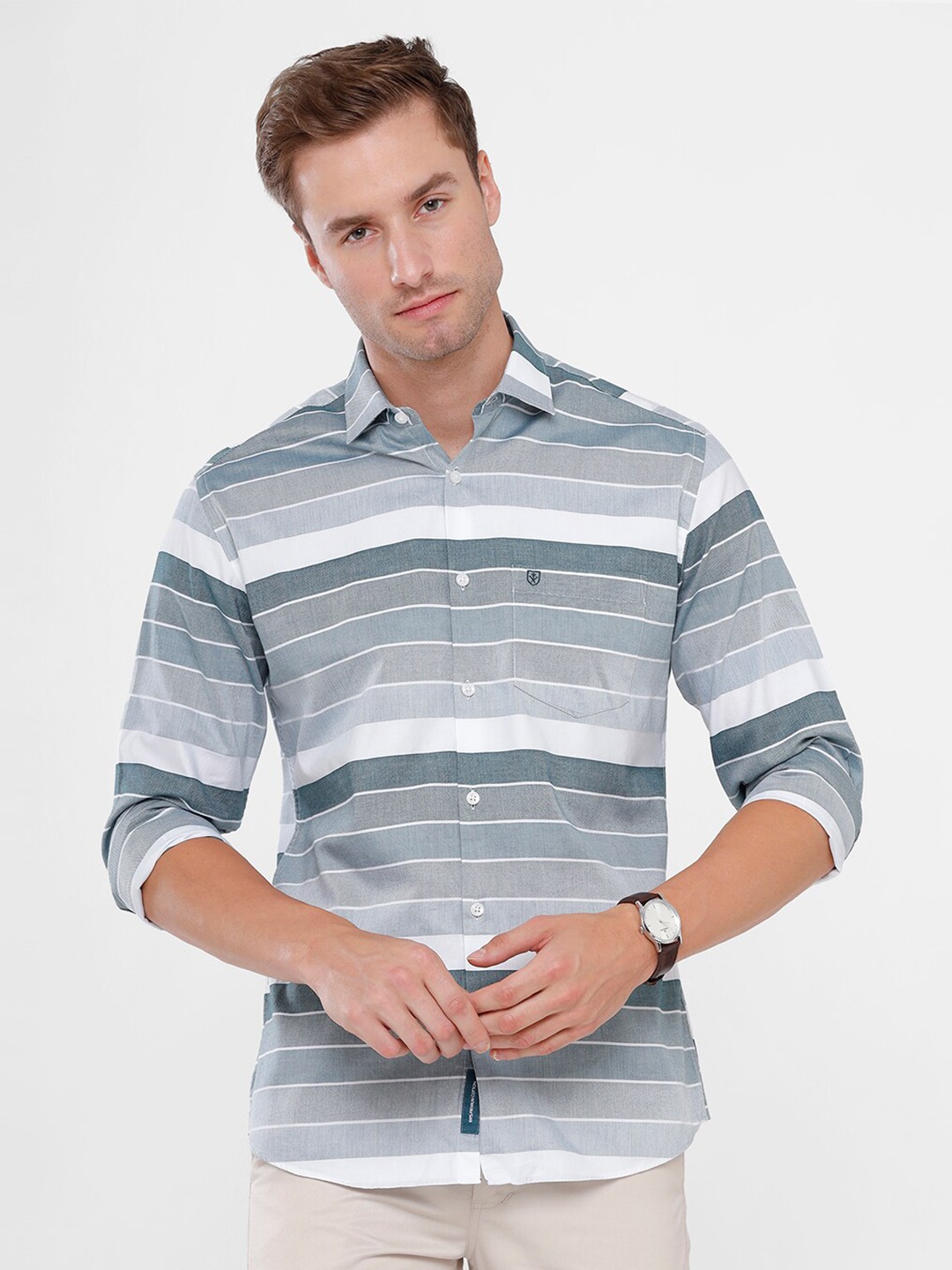 

Linen Club Grey & White Horizontal Striped Casual Shirt