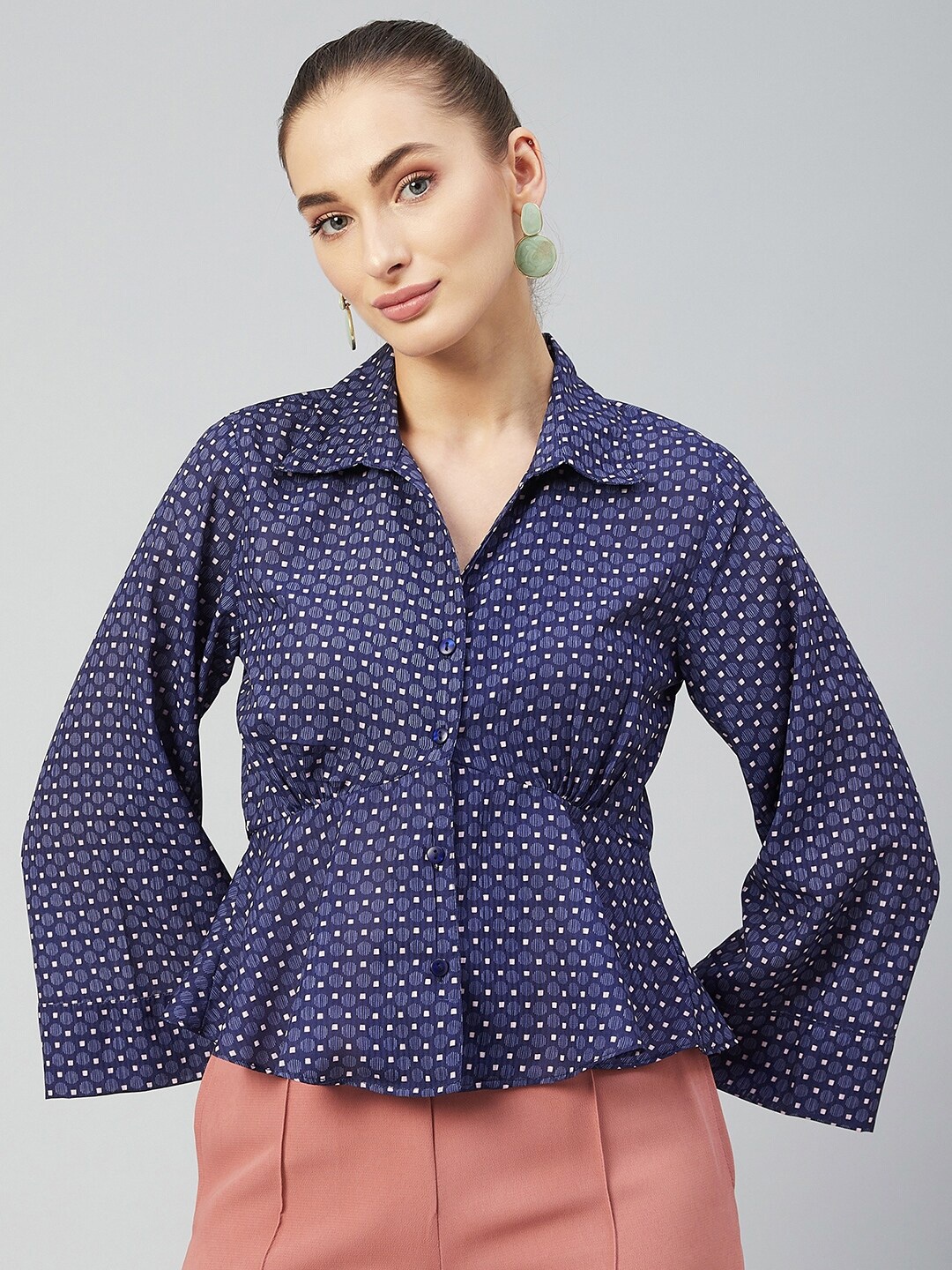 

Carlton London Navy Blue Geometric Print Crepe Shirt Style Top