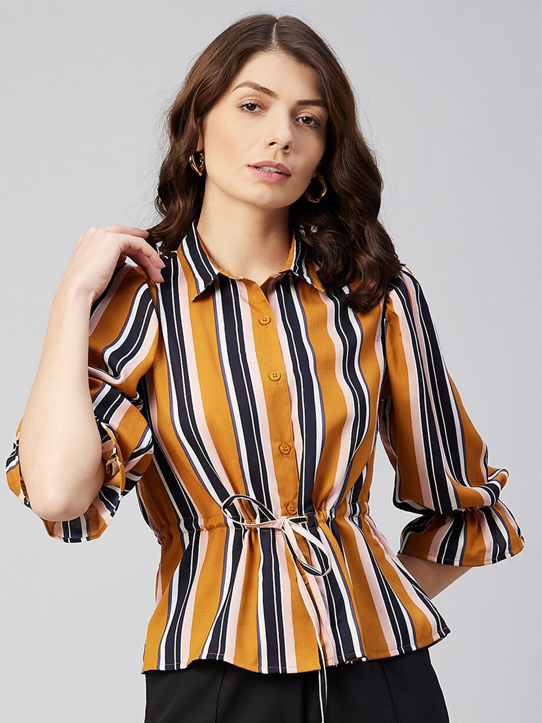 

Carlton London Mustard Yellow & Black Striped Shirt Style Top
