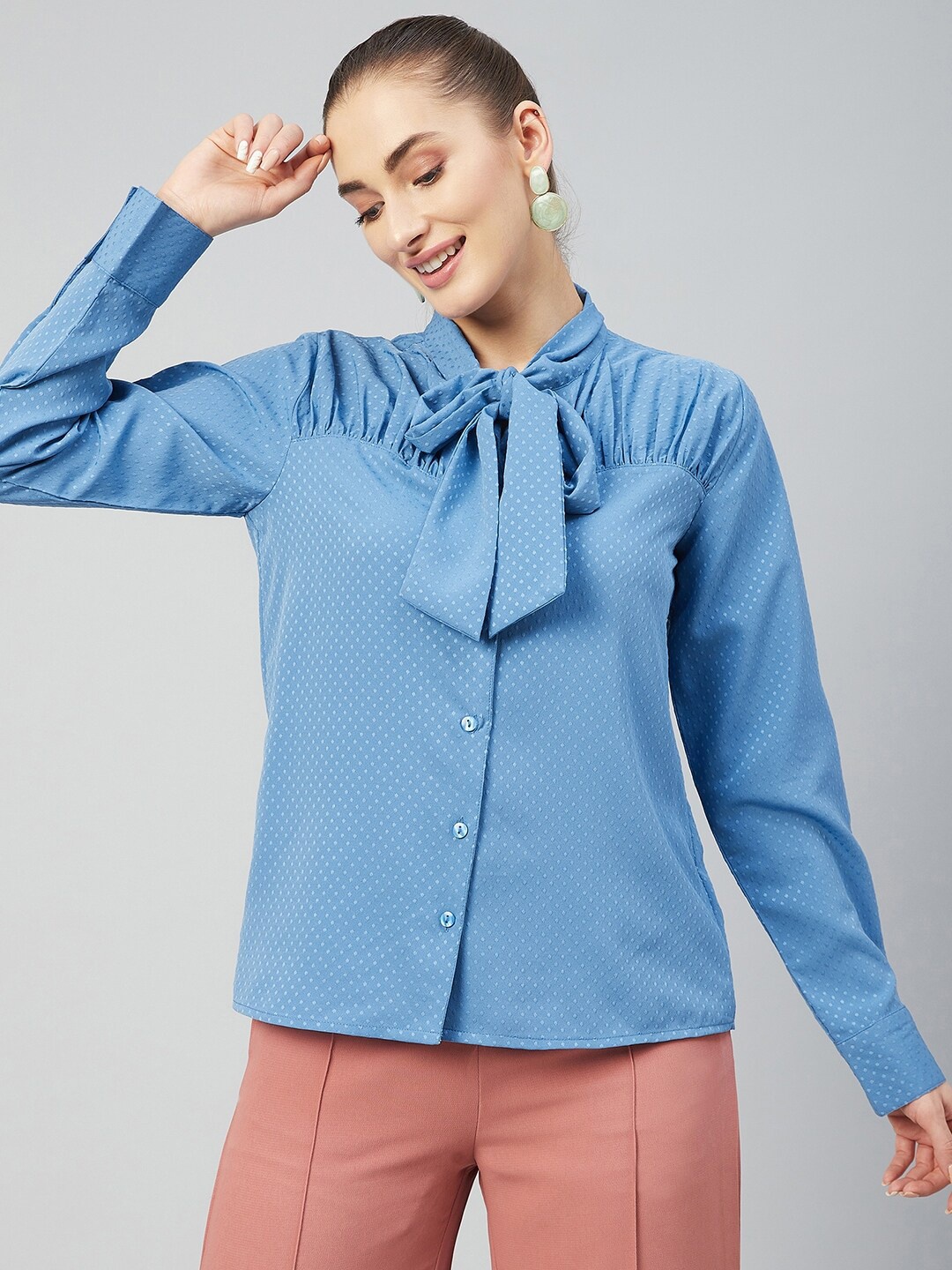 

Carlton London Blue Tie-Up Neck Shirt Style Top