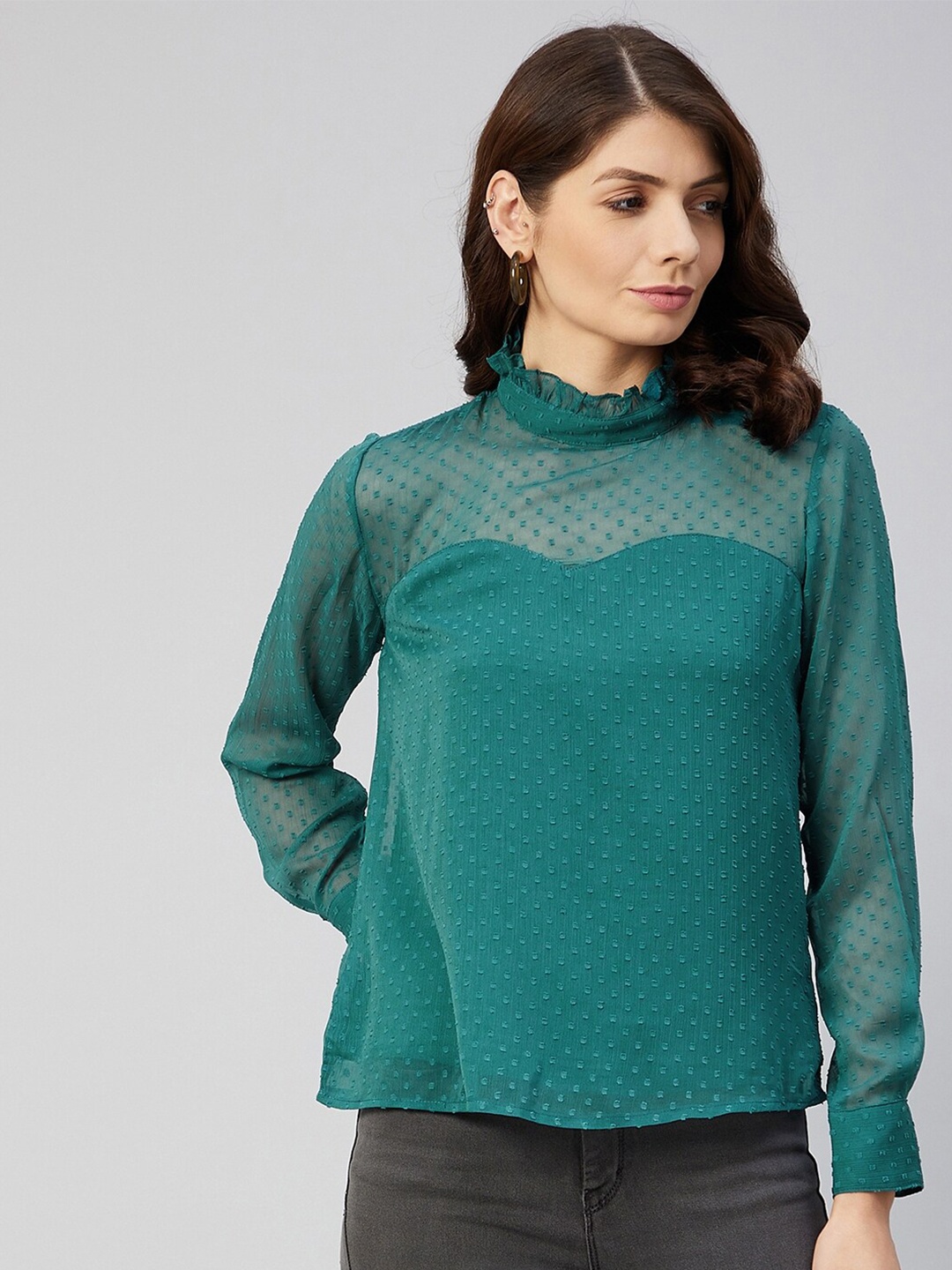 

Carlton London Green Dobby Woven Design Chiffon Ruffled Top
