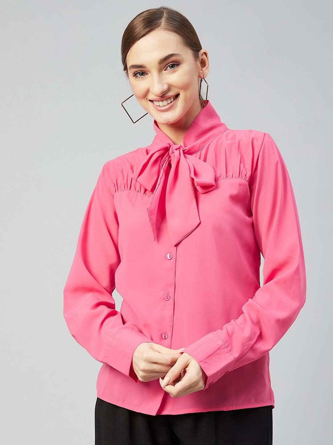 

Carlton London Pink Tie-Up Neck Shirt Style Top