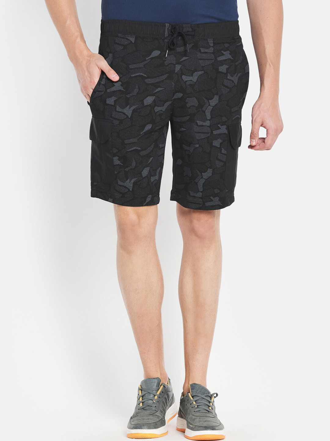 

Octave Men Black Camouflage Printed Cotton Sports Shorts