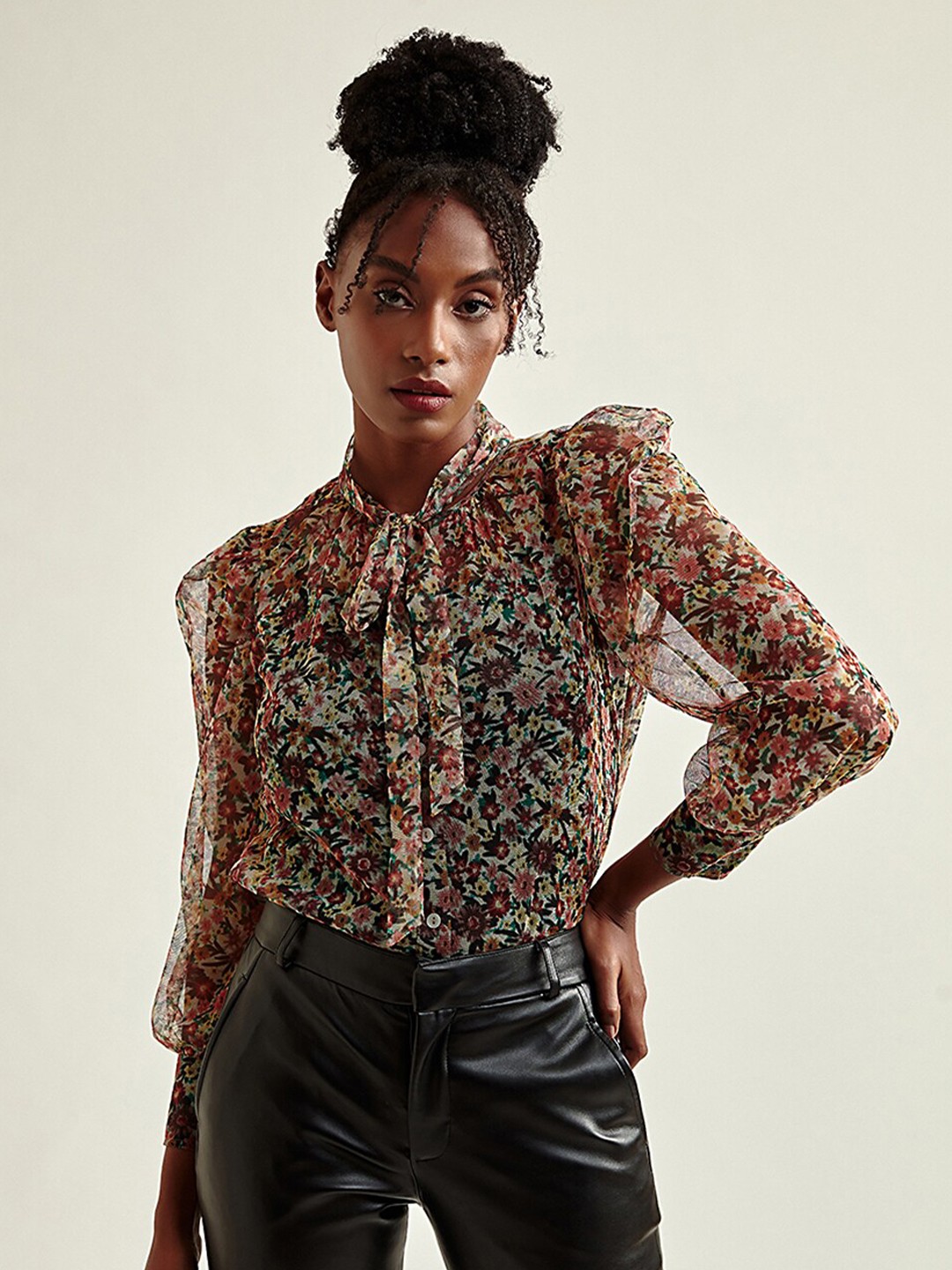 

COVER STORY Pink & Yellow Floral Printed Tie-Up Neck Top