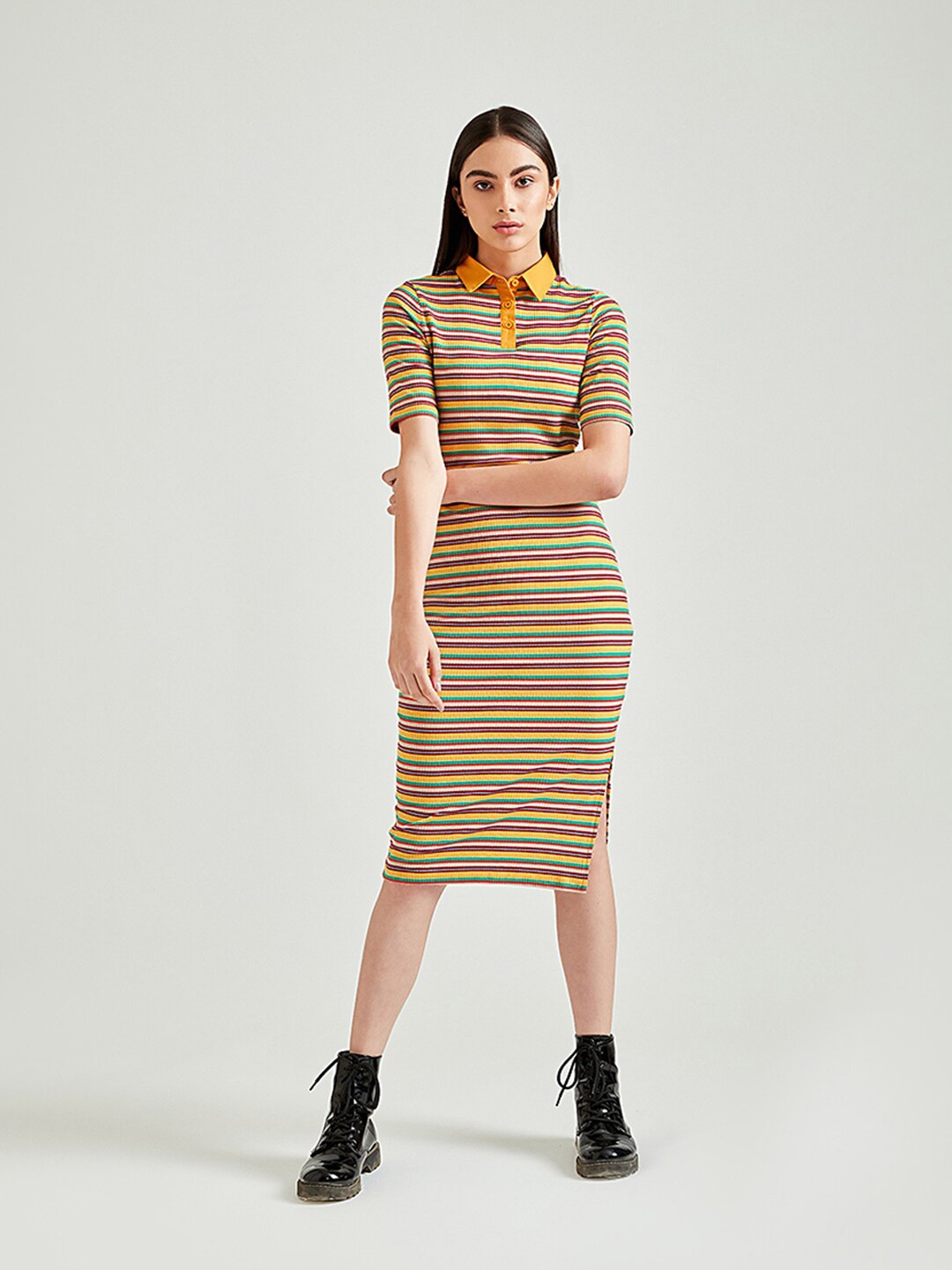 

COVER STORY Women Yellow Striped Cotton Bodycon Dress
