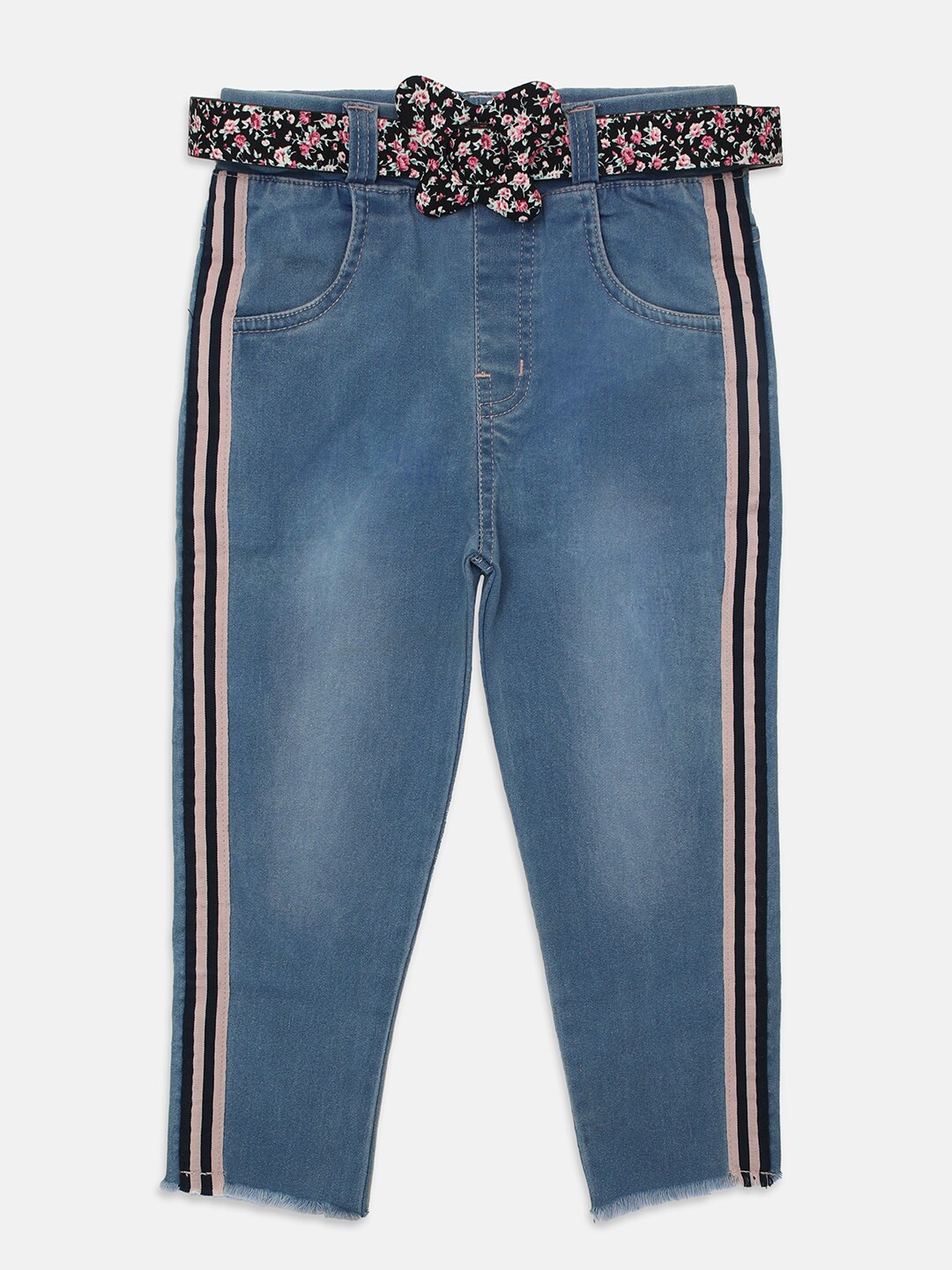 

Nins Moda Girls Blue & Black Striped Capris with Belt
