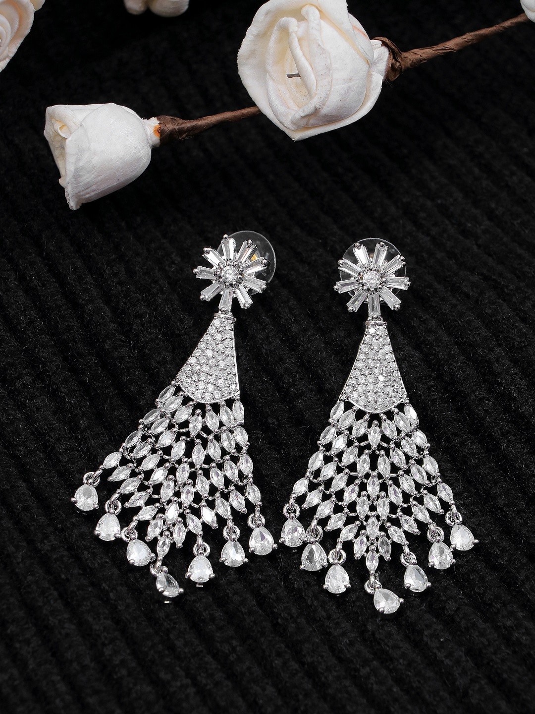 

Crunchy Fashion Silver-Plated & White Studded Triangular Drop Earrings
