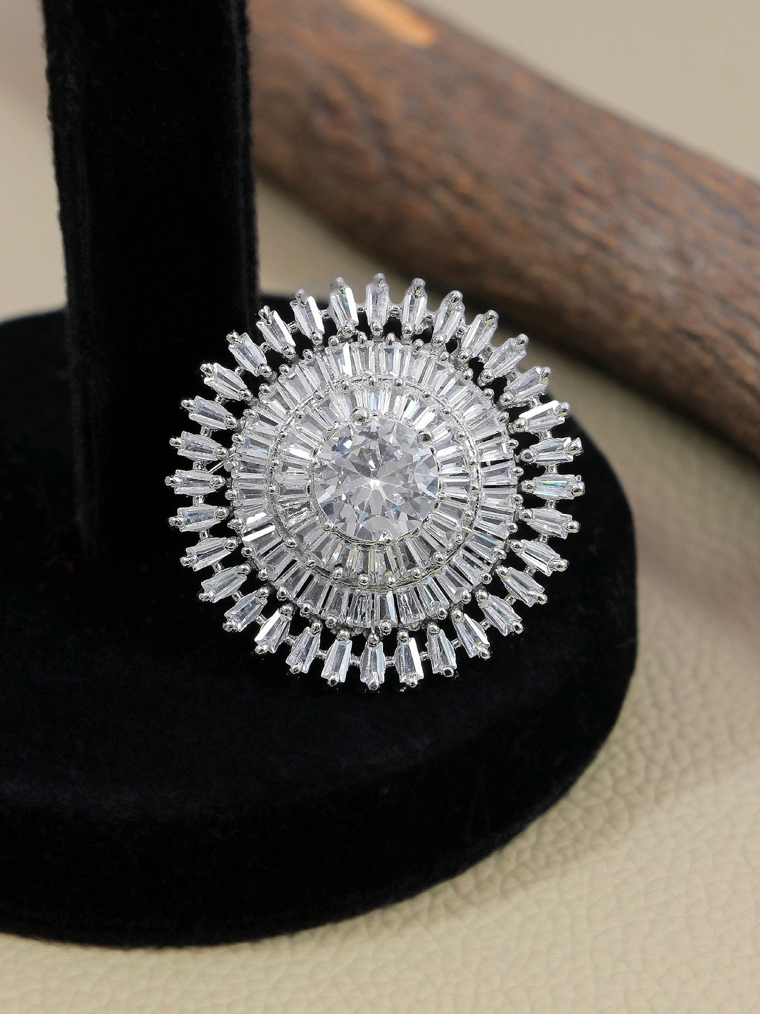 

Crunchy Fashion Silver-Plated American Diamond-Studded Finger Ring