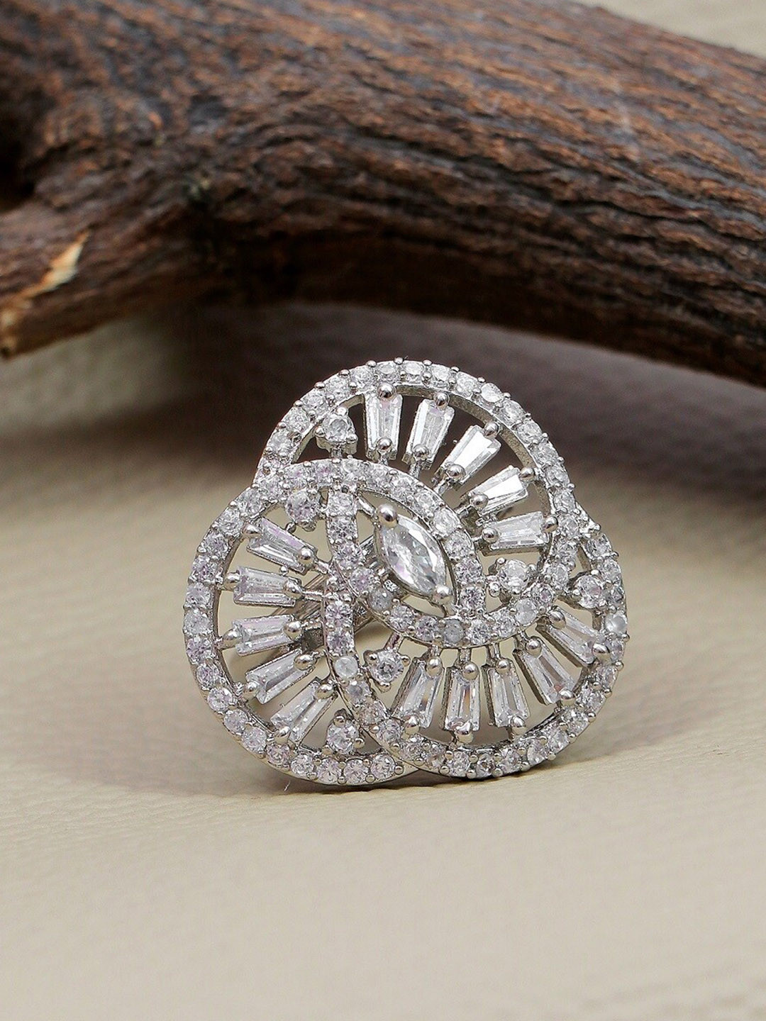 

Crunchy Fashion Silver-Plated White American Diamond Sparkling Finger Ring