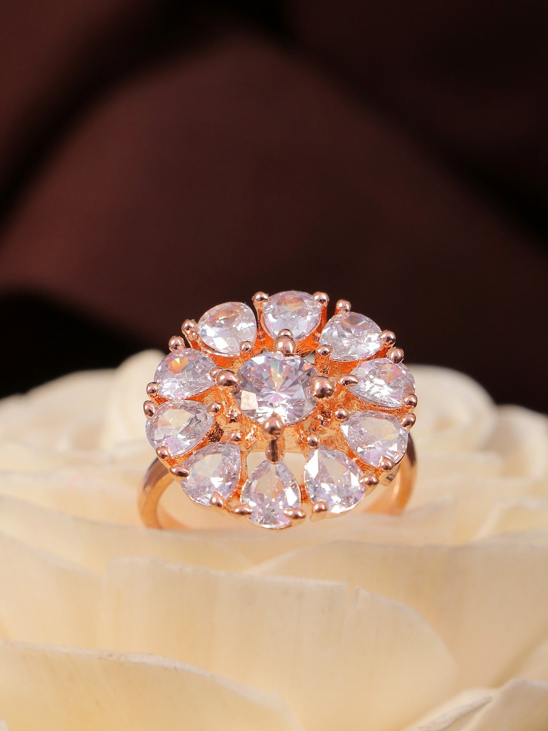 

Crunchy Fashion Gold-Plated & AD Stone-Studded Floral Shaped Finger Ring