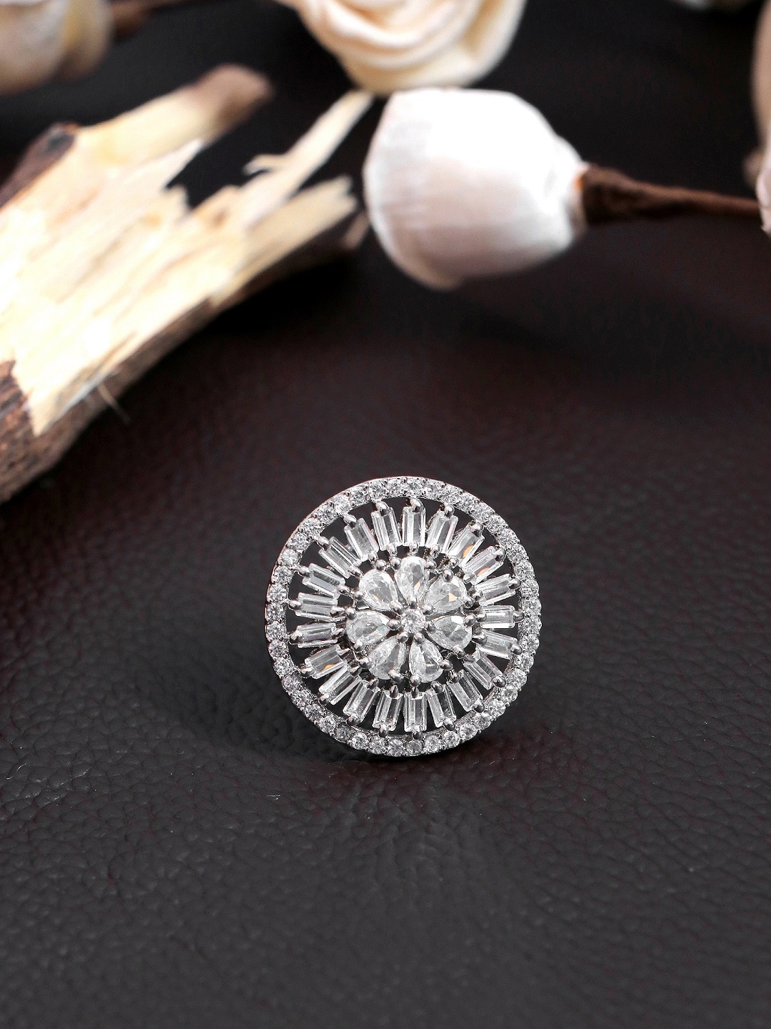 

Crunchy Fashion Silver-Plated White Stone Studded Finger Ring