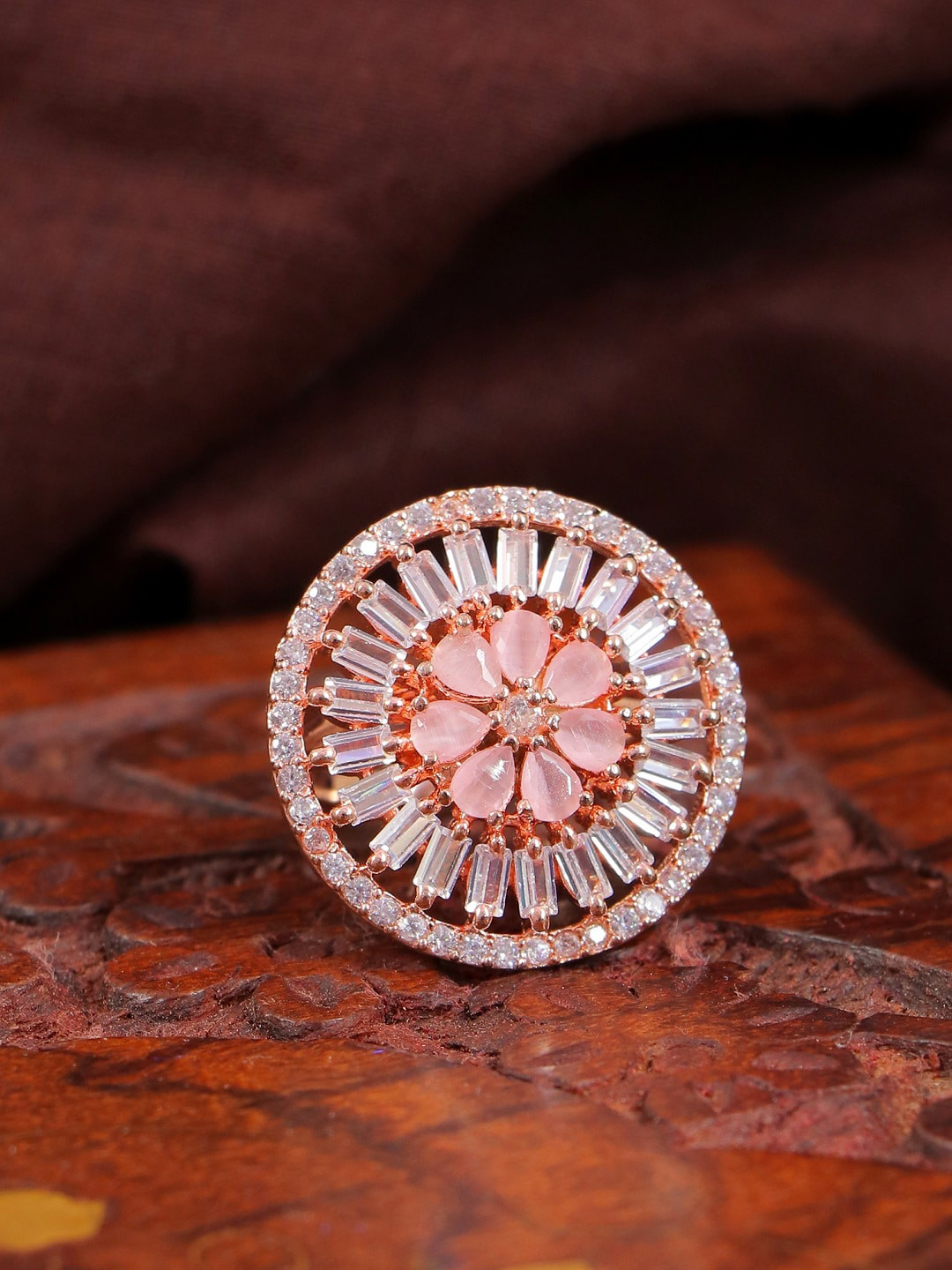 

Crunchy Fashion Rose Gold-Plated & White AD-Studded Adjustable Finger Ring