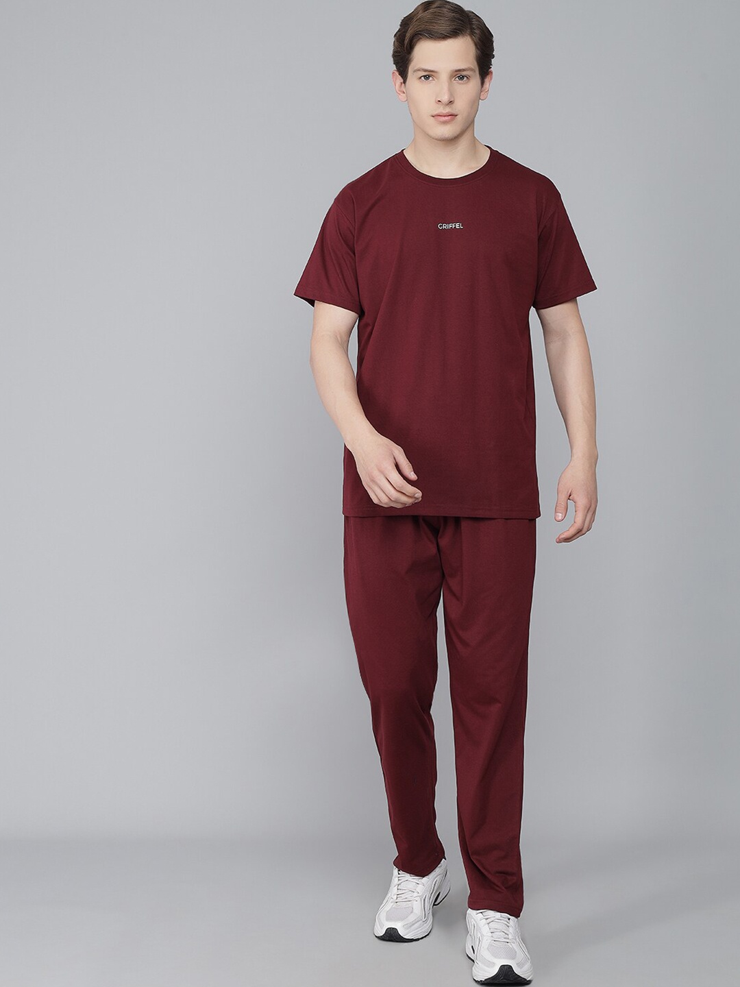 

GRIFFEL Men Maroon Solid Pure Cotton T-shirt with Pyjamas