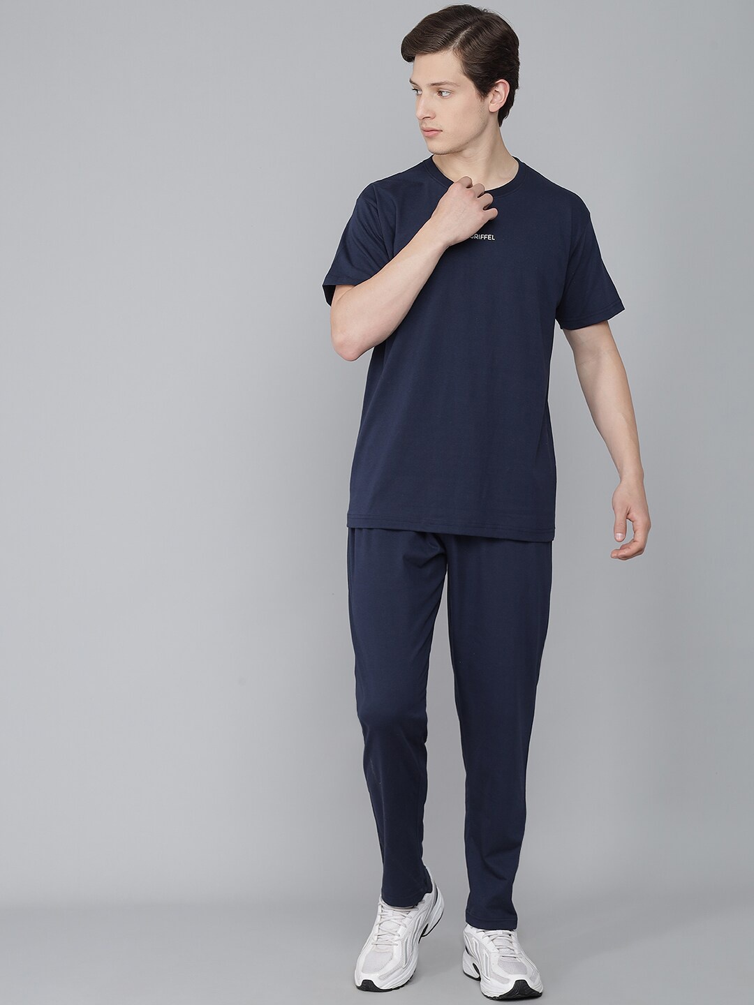 

GRIFFEL Men Navy Blue Solid Pure Cotton T-shirt with Pyjamas