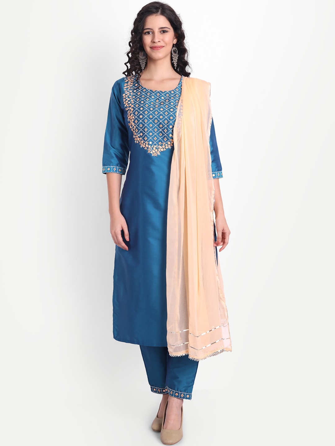 

V TRADITION Women Blue Embroidered Mirror Work Kurta with Trousers & Dupatta