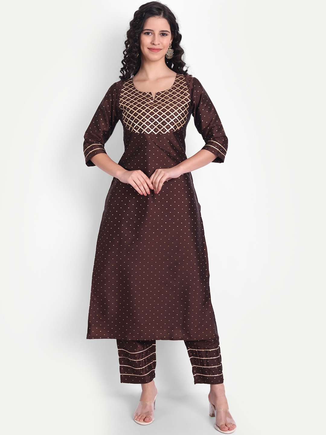 

V TRADITION Women Brown Printed Gotta Patti Kurta with Trousers