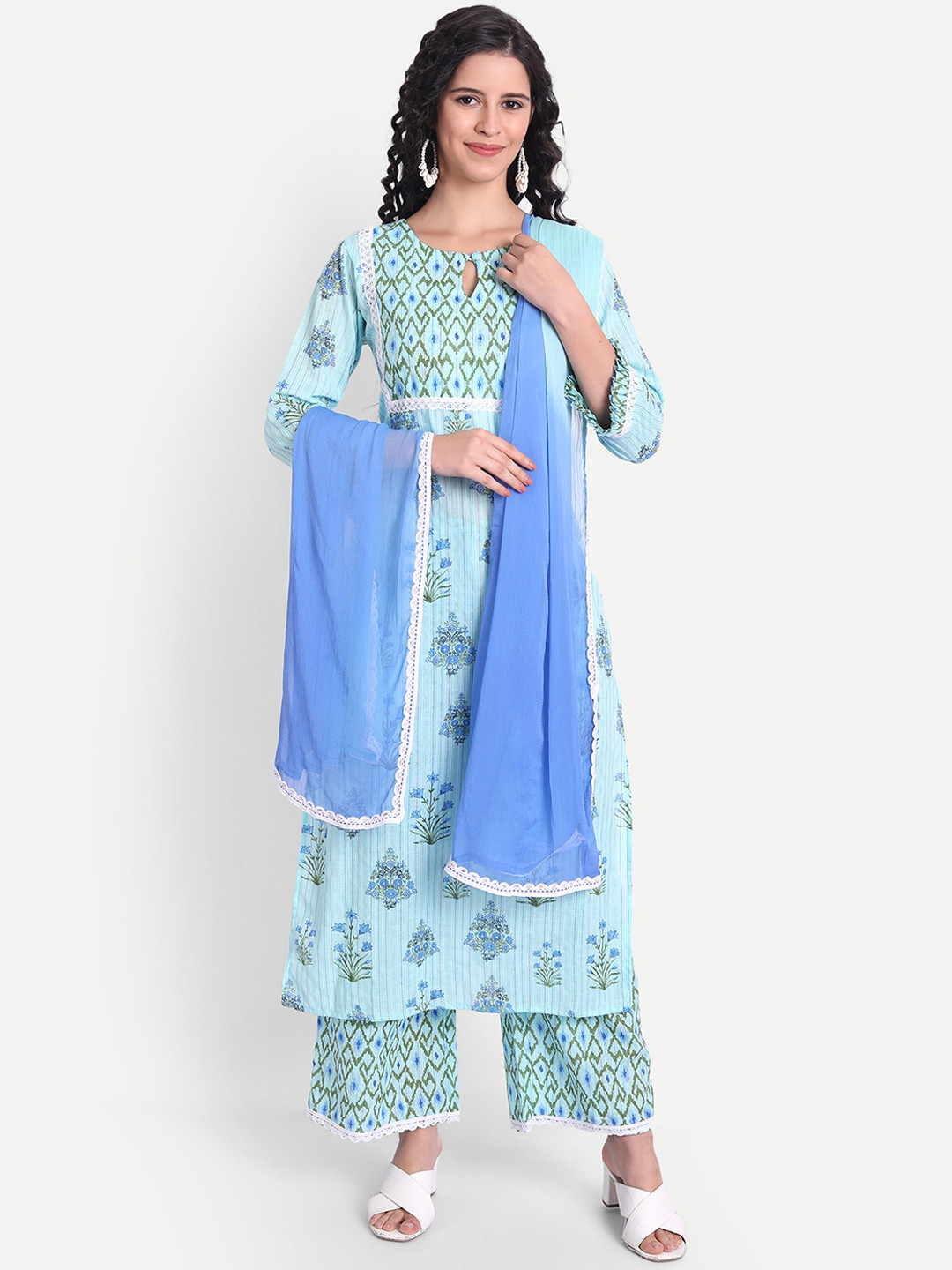 

V TRADITION Women Blue & Green Ethnic Motifs Printed Kurta With Palazzos & With Dupatta