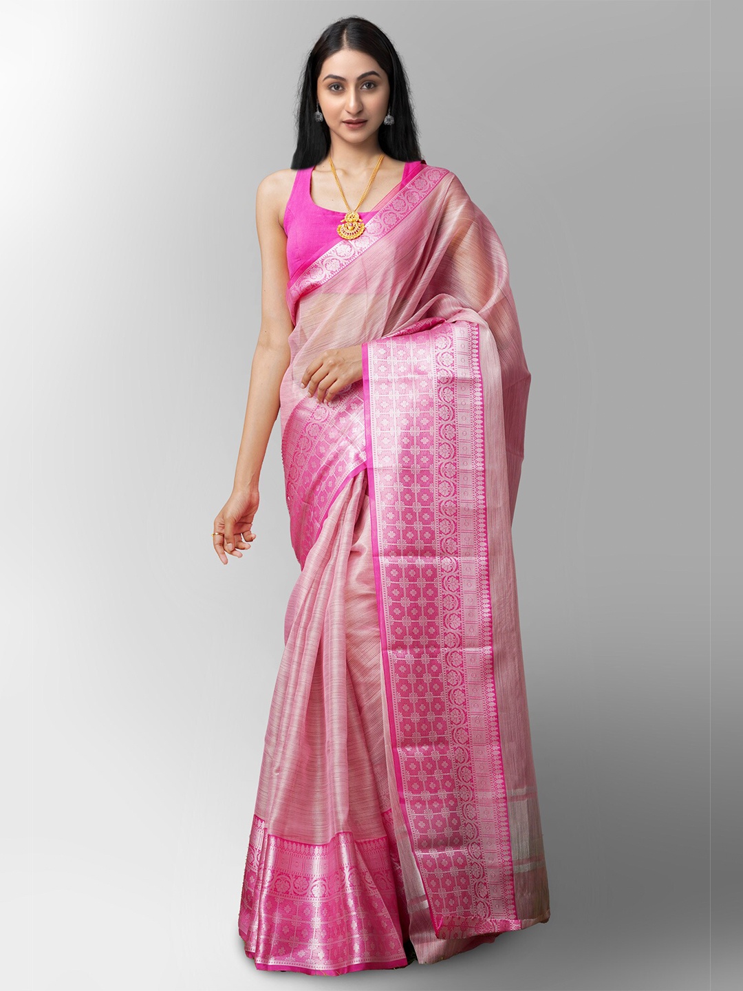 

Unnati Silks Women Pink Woven Design Kota Tissue Saree